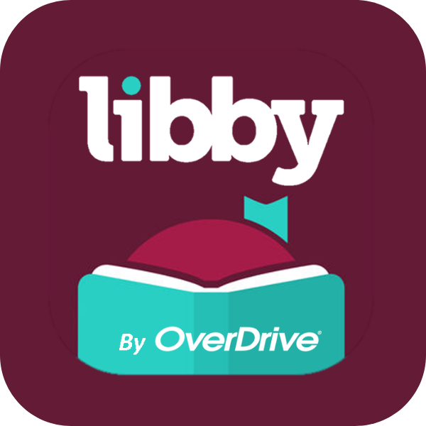 The Libby by OverDrive logo, featuring a teal book icon with a maroon bookmark peeking out, below the word "libby" in white lowercase text, all set against a dark maroon rounded square.
