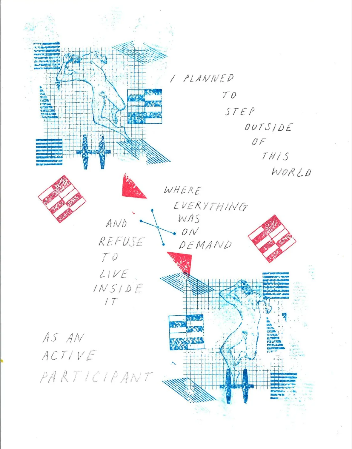 A mixed-media art piece with blue and red graphics and handwritten text. It features two abstract figures in swimming poses, American flag motifs, and geometrical patterns. The handwritten text reads: 'I planned to step outside of this world where ev