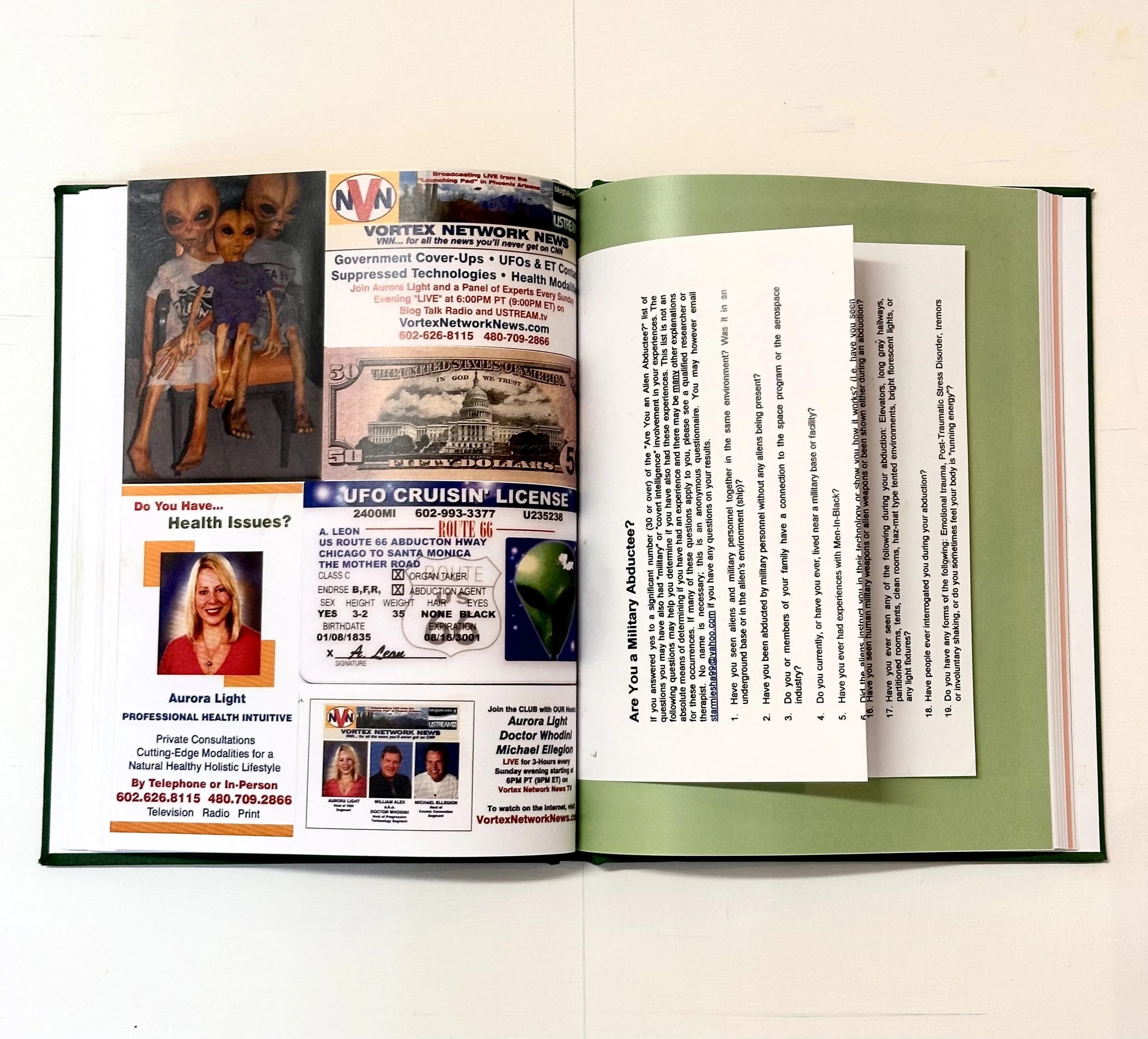 Open magazine with advertisements, including a news segment, UFO license, health issues with a woman photo, and other flyers on a green page background.