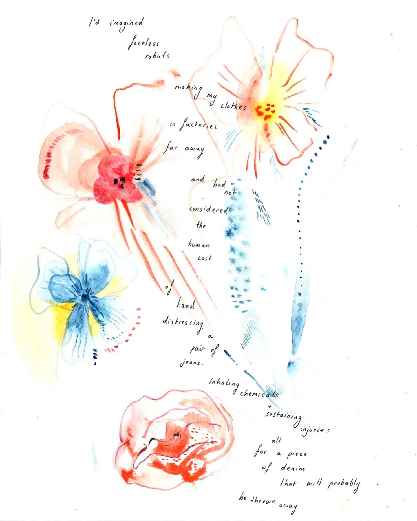 Watercolor illustration of flowers and a sheet of handwritten text about the human cost of making jeans and inhaling chemicals from factories.