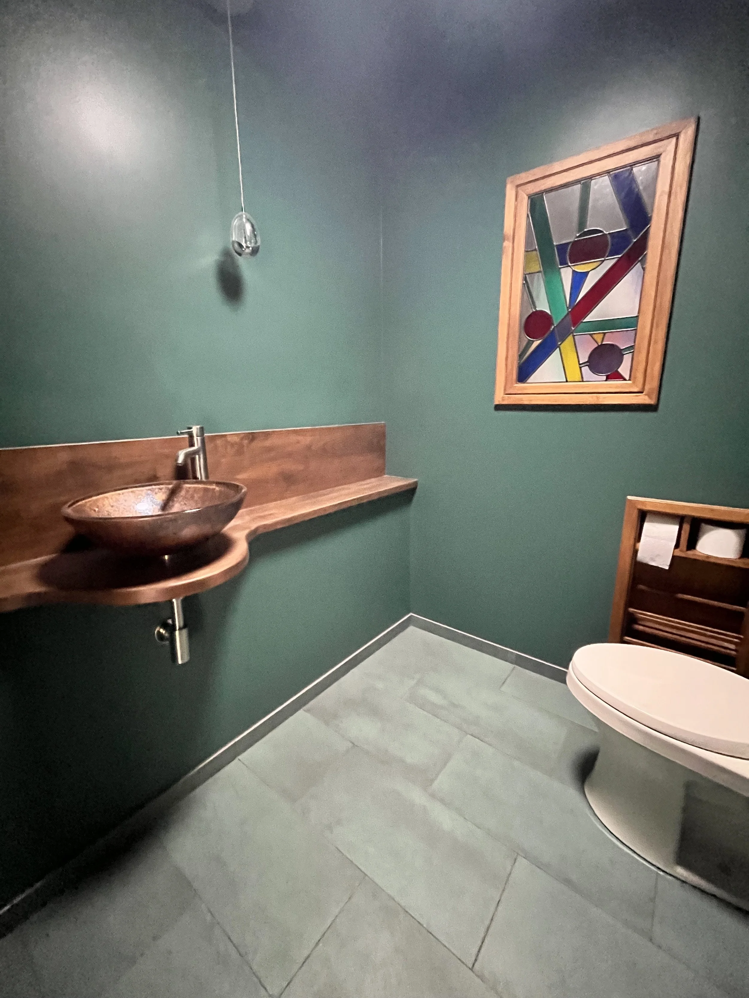Regret: Not pushing hard enough to paint top of tile trim. Maybe emerald loo? Benjamin Moore Dragonfly.