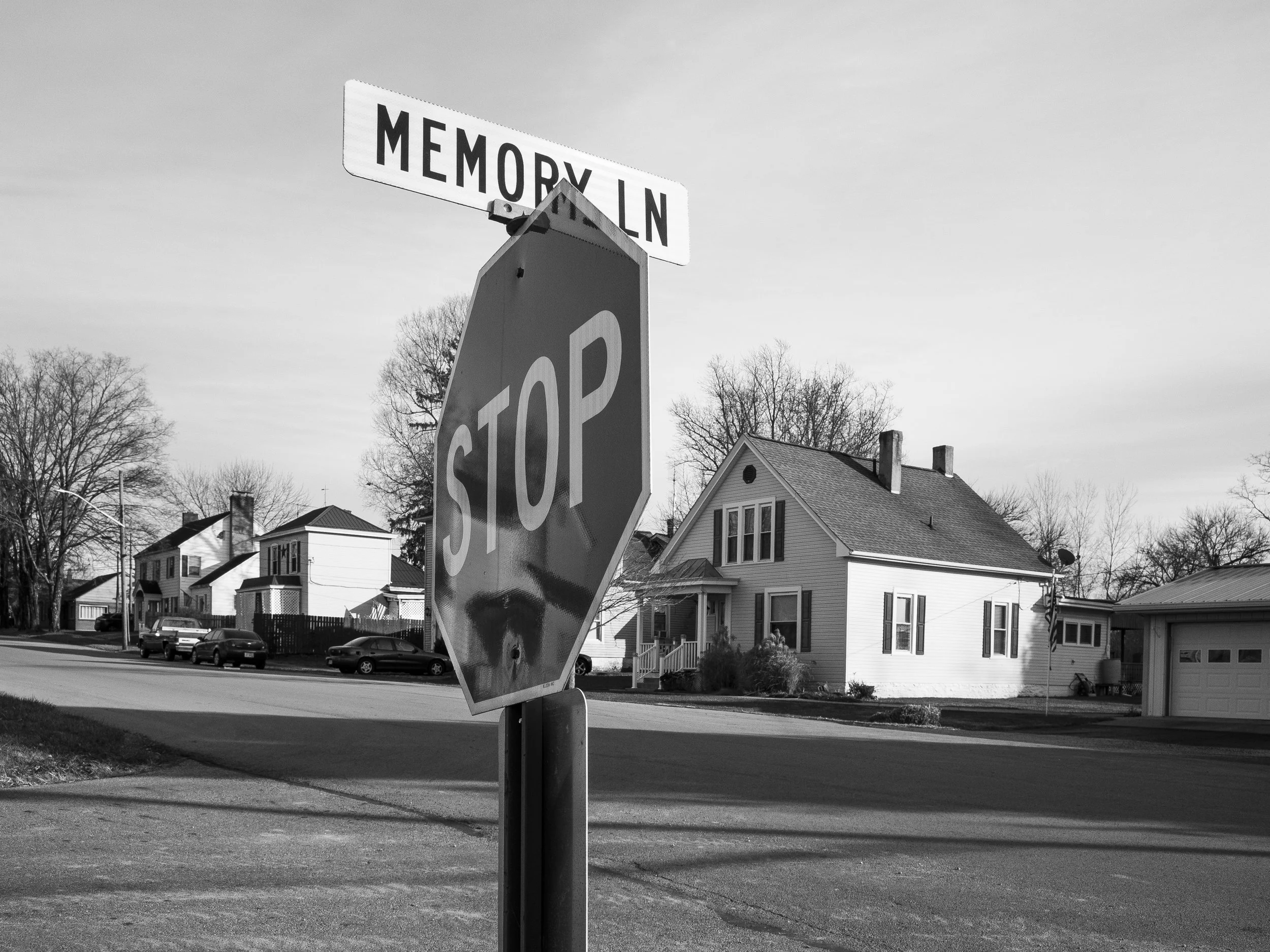 A black and white environmental photograph of a Memory Ln street sign rising above a Stop sign on a quiet residential street corner in Home, Ohio, from One Way Out, Lord by Parker J Pfister.