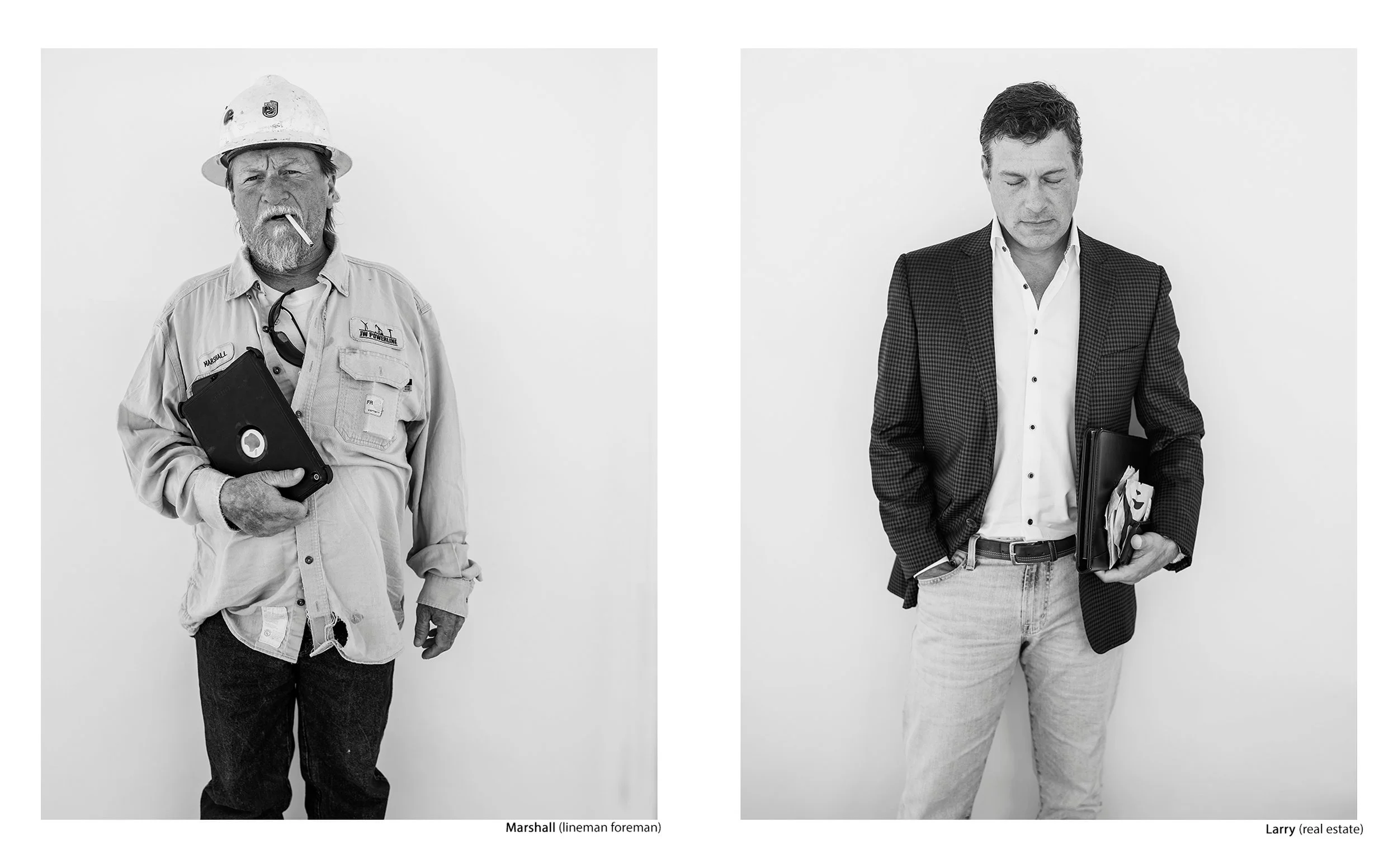 Side-by-side black and white portraits of Marshall, a lineman foreman in a hard hat with a cigarette, and Larry, a real estate professional holding a portfolio folder, from the Connecting Hwy 80 series by Parker J Pfister.