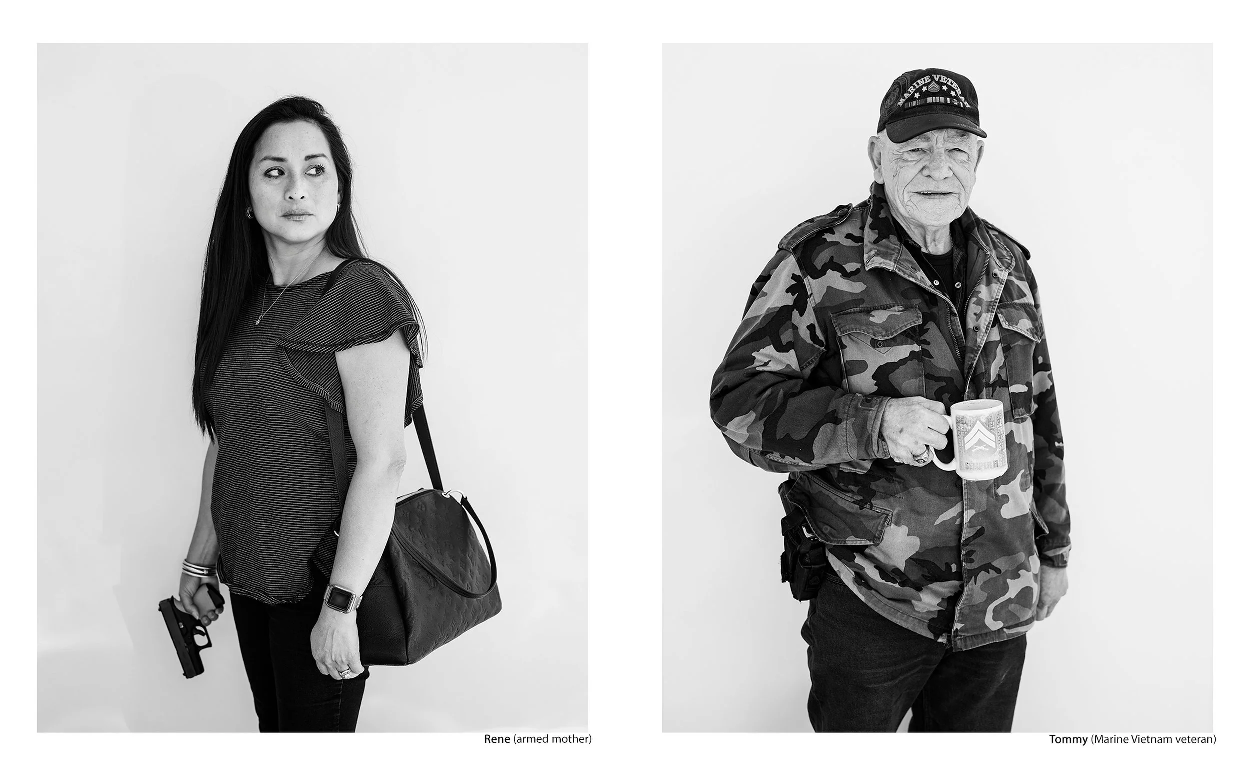 Side-by-side black and white portraits of Rene, labeled as an armed mother holding a handgun, and Tommy, a Marine Vietnam veteran in a camo jacket holding a coffee mug, from the Connecting Hwy 80 series by Parker J Pfister.