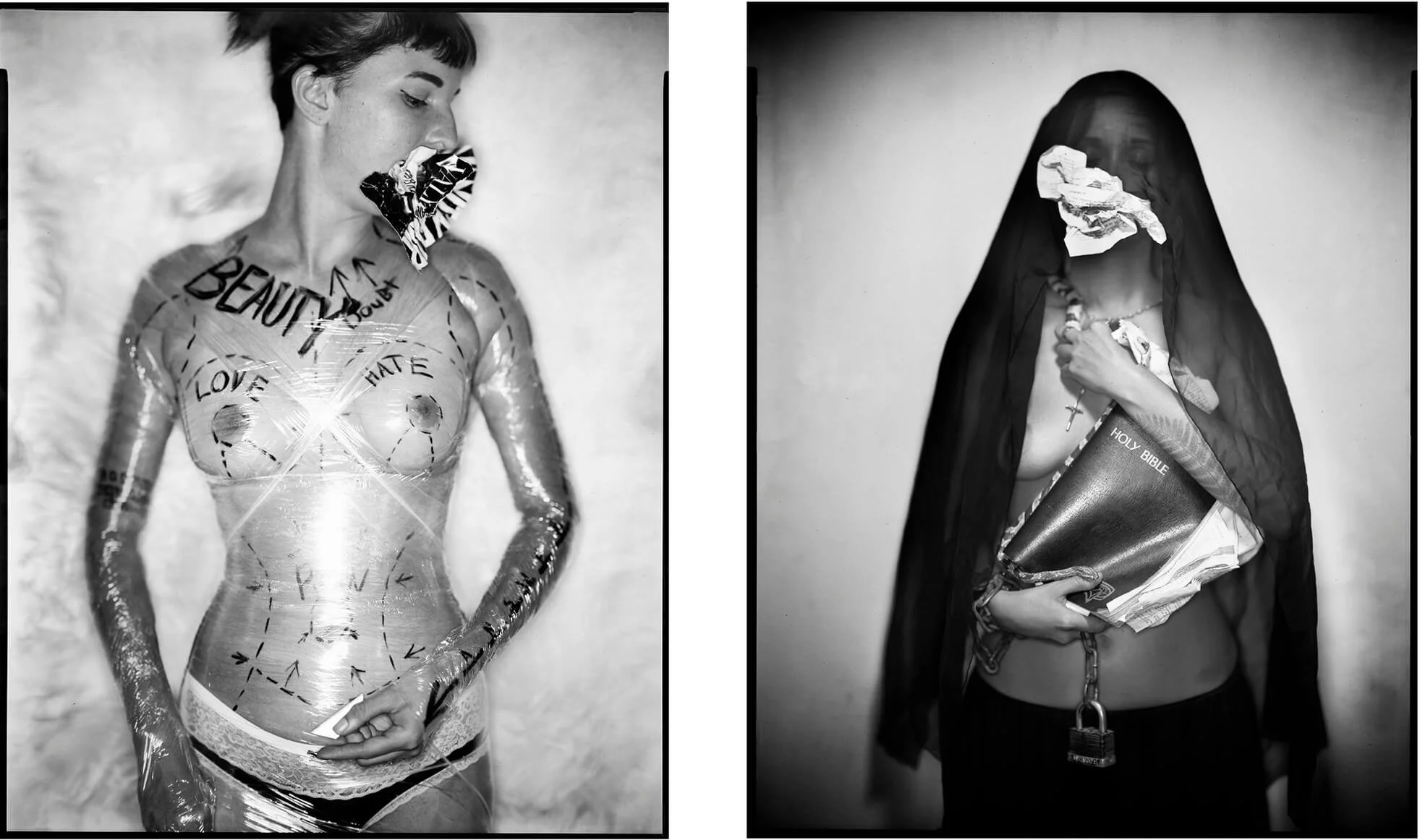 Parker J Pfister Fine Art Black and White Constraint Portrait of two images of woman struggling with beauty and religion standards and expectations.