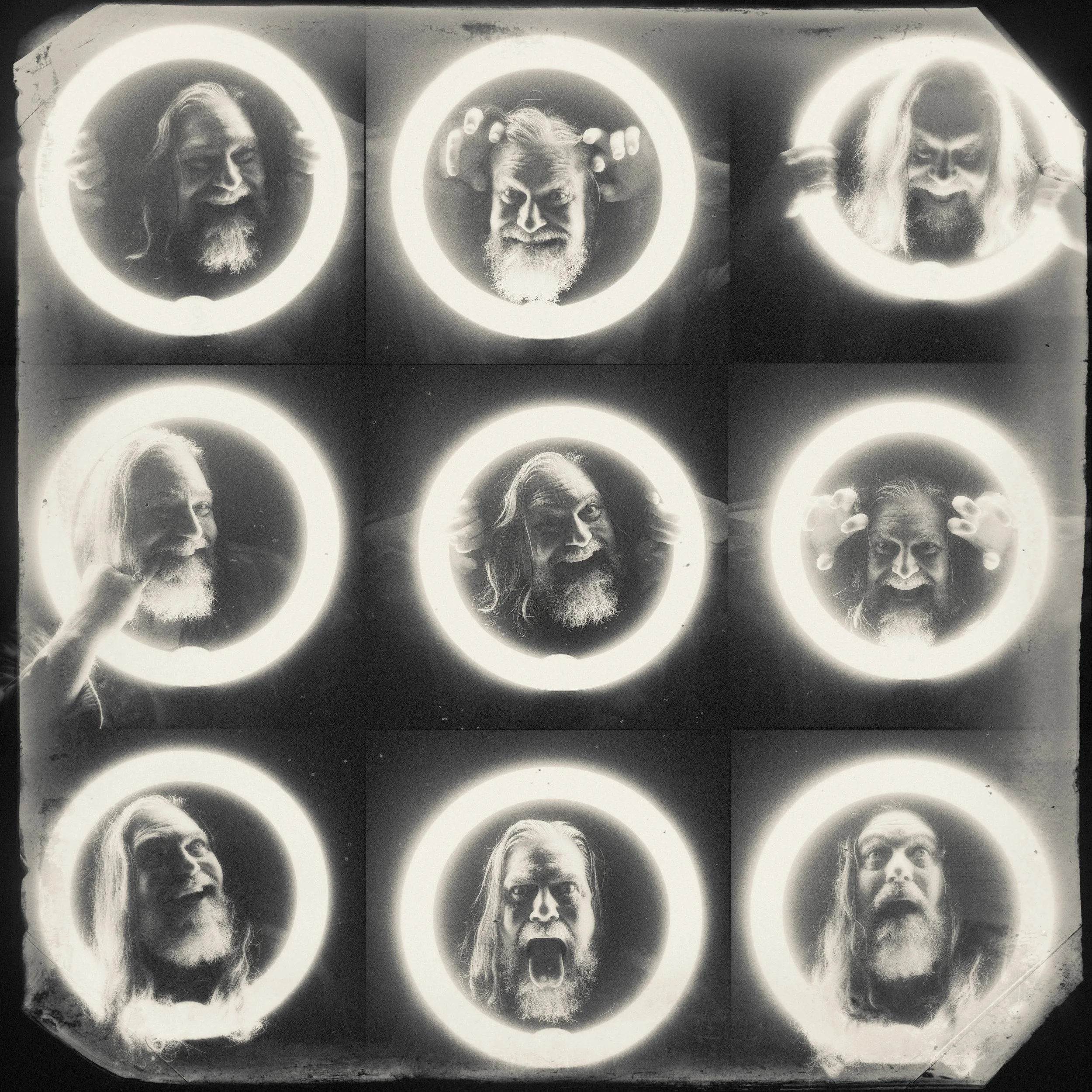 Grid series of black and white portraits featuring musician Jake Smith, known as The White Buffalo, framed inside glowing ring lights, photographed by Parker J. Pfister.