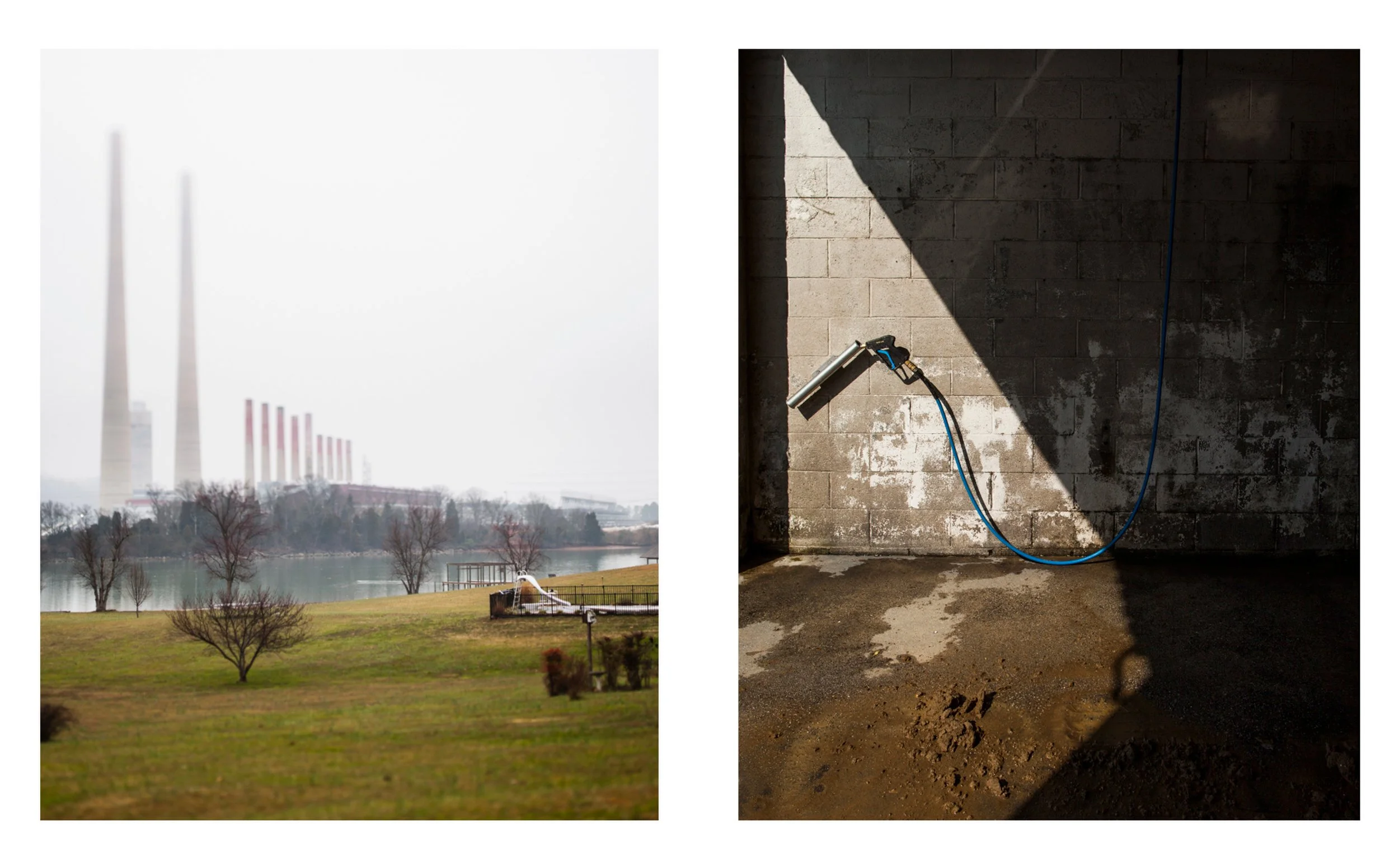 Side-by-side color documentary photographs of massive industrial power plant smokestacks across a lake and a commercial power washer hanging on a gritty concrete block wall, from the Connecting Hwy 80 series by Parker J Pfister.