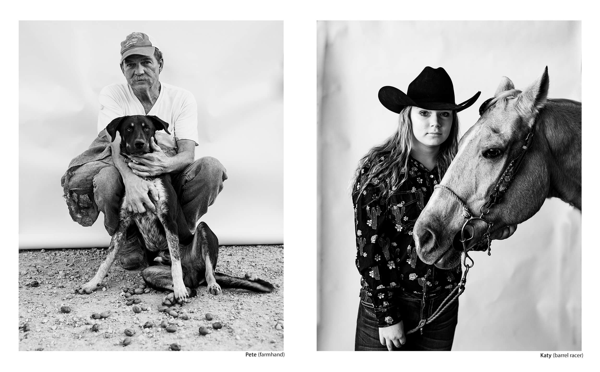 Side-by-side black and white portraits of Pete, a farmhand crouching with his dog, and Katy, a barrel racer standing next to her horse, from the Connecting Hwy 80 series by Parker J Pfister.