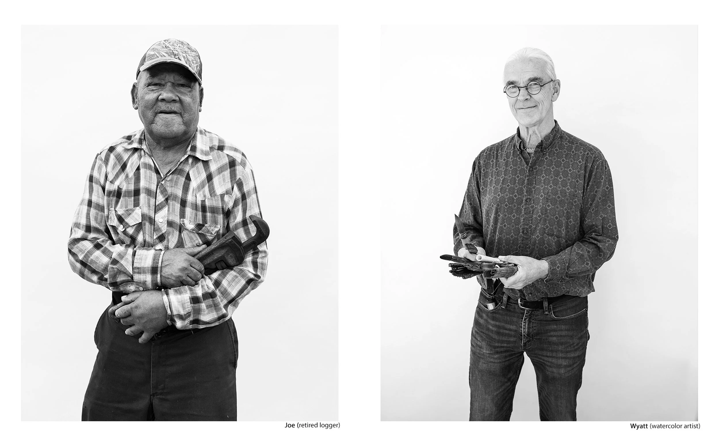 Side-by-side black and white environmental portraits of a man in a plaid shirt holding a massive pipe wrench and a smiling man in glasses holding a collection of artist paintbrushes, from the Connecting Hwy 80 project by Parker J Pfister.