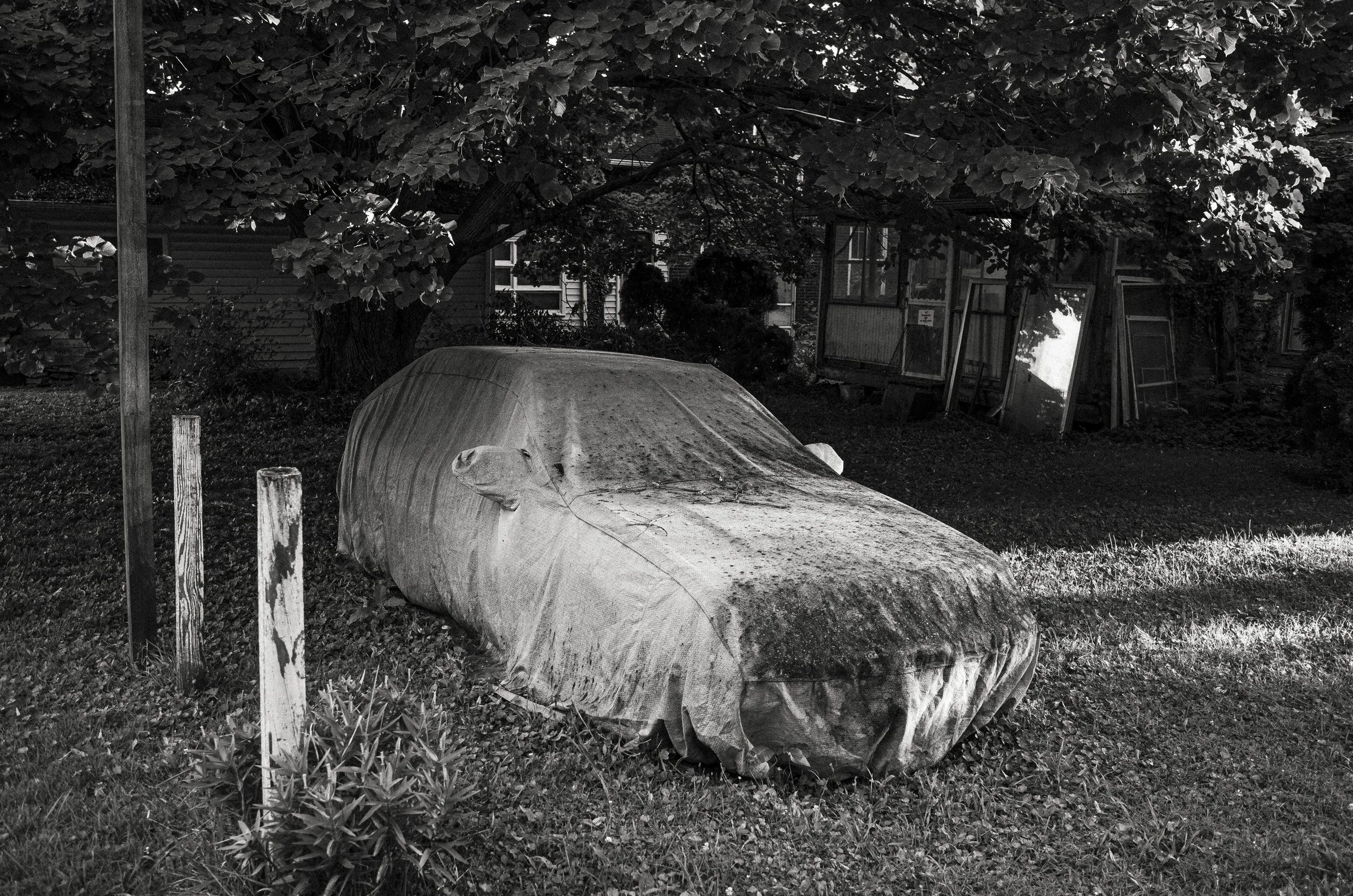 A textured black and white environmental photograph of an automobile completely covered by a weathered, moss-stained tarp in a shaded residential yard, from the One Way Out, Lord series by Parker J Pfister.