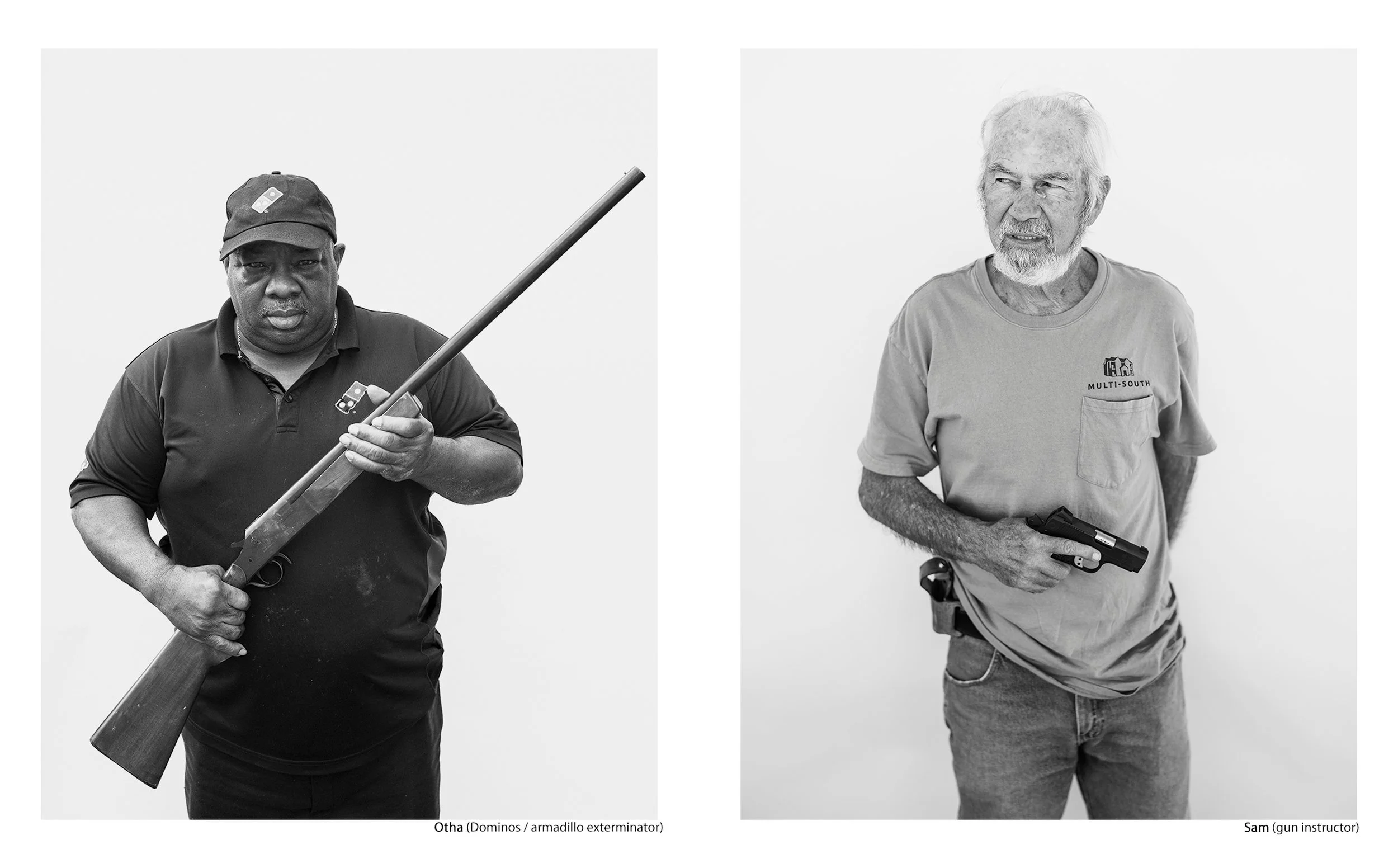 Side-by-side black and white documentary portraits of a Southern man holding a shotgun and an older man in a Multi-South t-shirt holding a handgun, from the Connecting Hwy 80 series by Parker J Pfister.