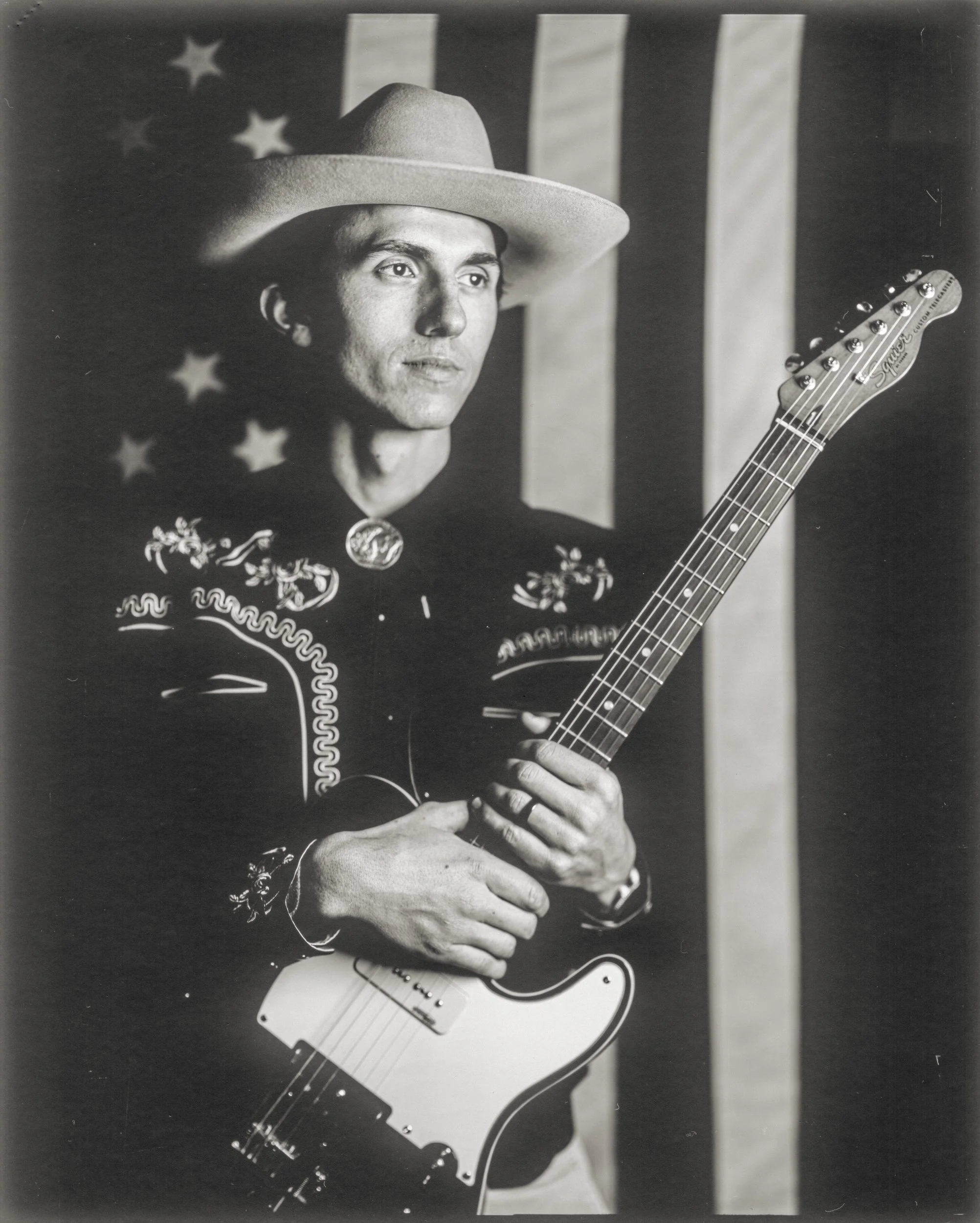 Fine art 8x10 paper negative portrait of a local performer at the historic Old Depot Bluegrass Night in Marshall, NC, photographed by Parker J. Pfister.