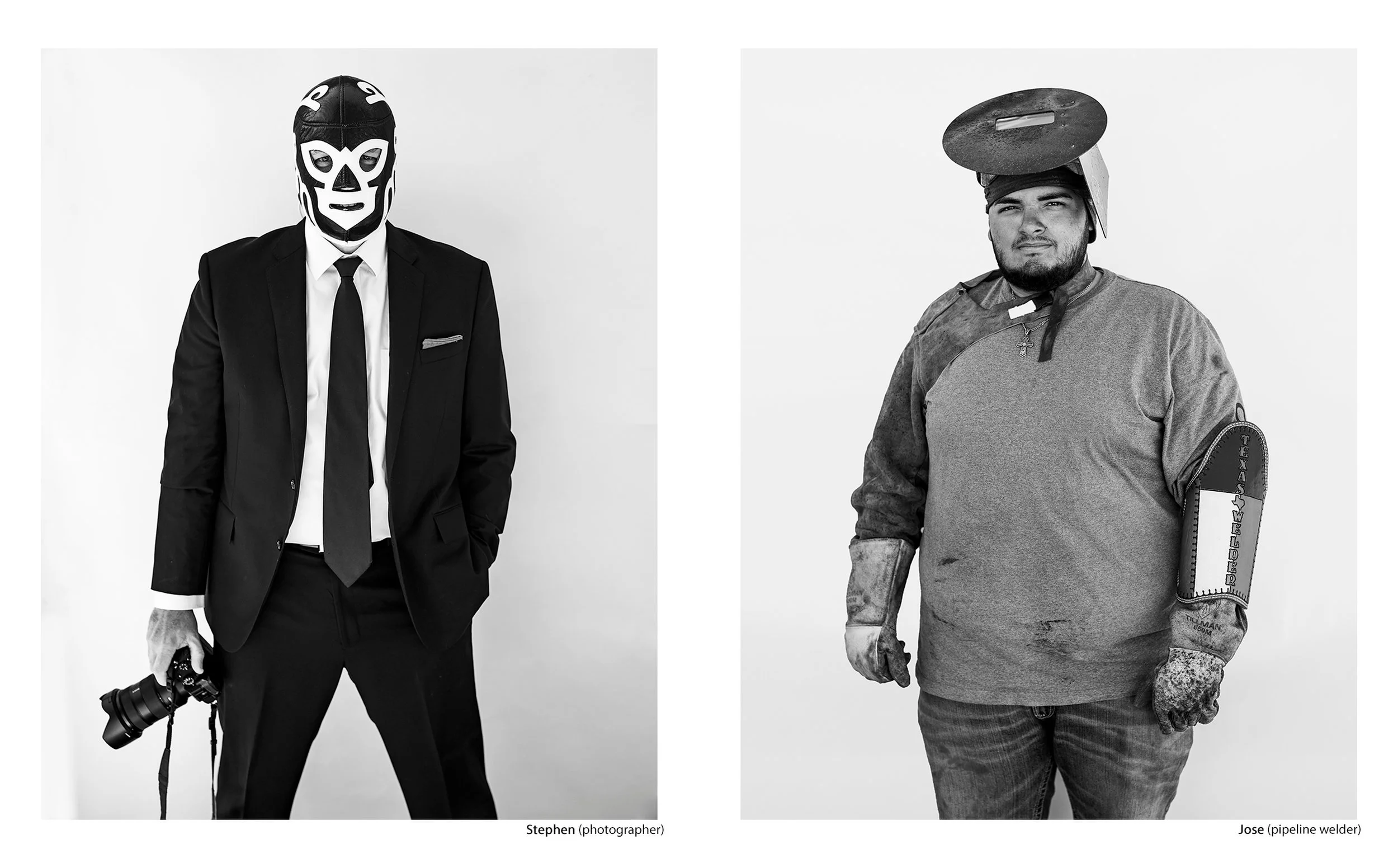 Side-by-side black and white portraits of Stephen, a photographer in a suit wearing a lucha libre wrestling mask holding a camera, and Jose, a pipeline welder in rugged protective gear, from the Connecting Hwy 80 series by Parker J Pfister.