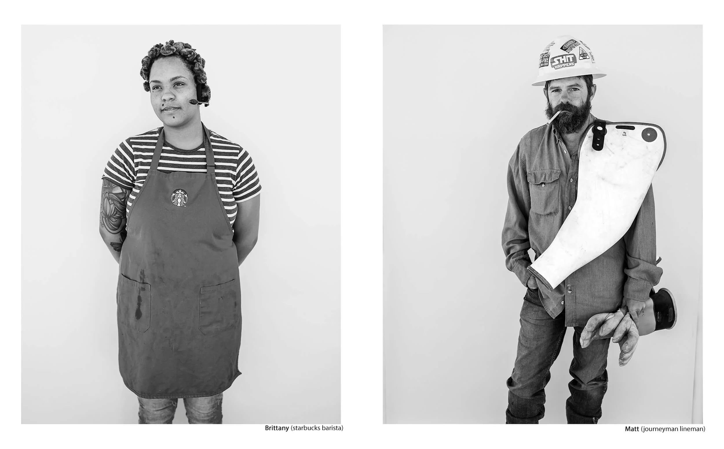 Side-by-side black and white portraits of Brittany, a Starbucks barista in her apron, and Matt, a journeyman lineman wearing a hard hat, from the Connecting Hwy 80 series by Parker J Pfister.