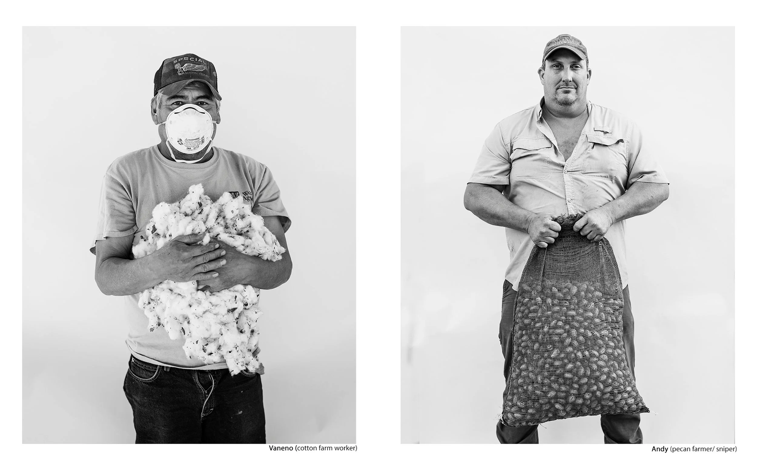 Side-by-side black and white portraits of Vaneno, a cotton farm worker in a face mask holding a bundle of raw cotton, and Andy, a pecan farmer and sniper holding a large mesh bag of pecans, from the Connecting Hwy 80 project by Parker J Pfister.