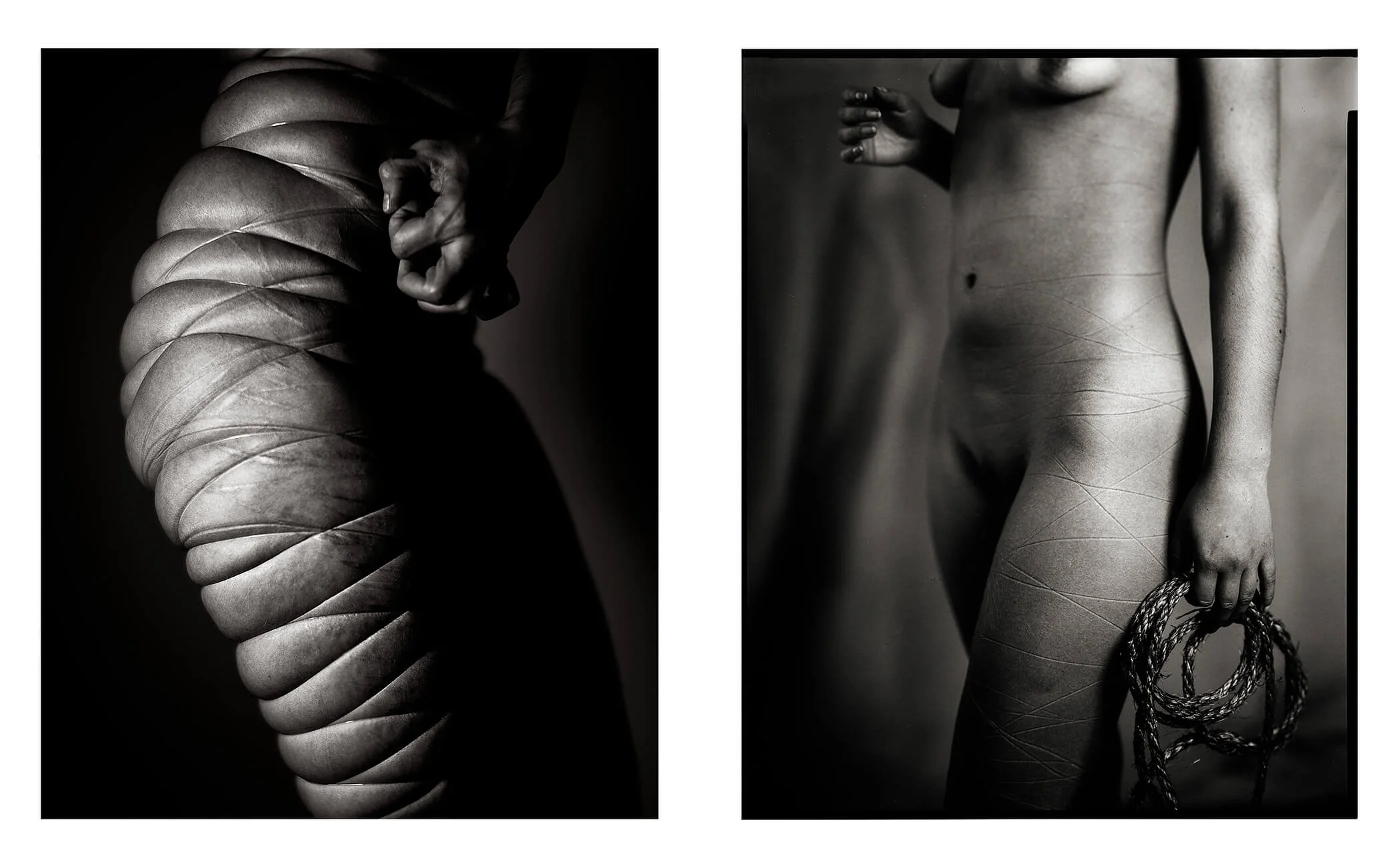Parker J Pfister Fine Art Black and White Constraint Portrait of two images of a nude woman bound very tightly with small cord and the next with the cord removed but the marks remaining.