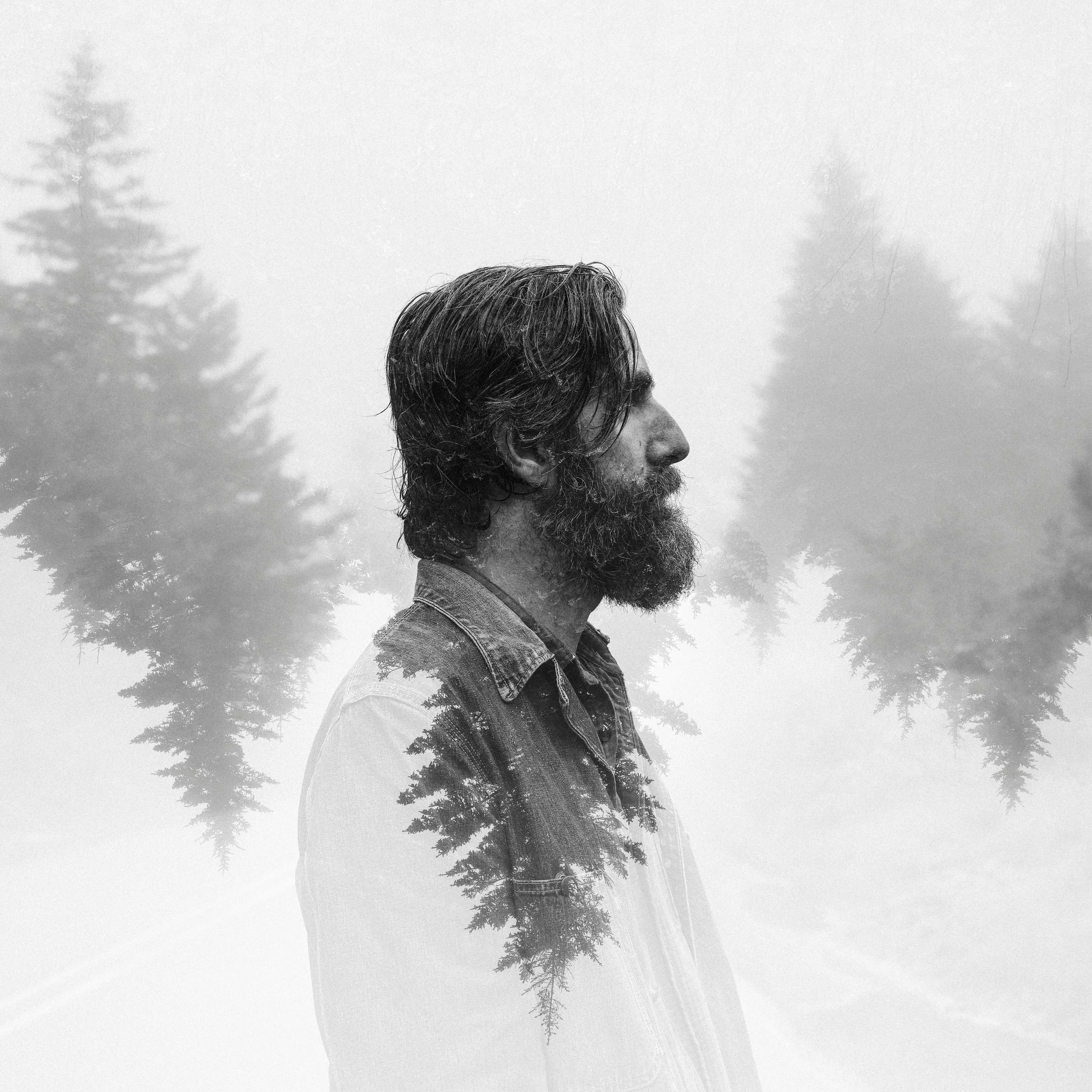 Double exposure portrait of musician Tyler Ramsey blended with pine trees, created in-camera for his album New Lost Ages, photographed by Parker J. Pfister.