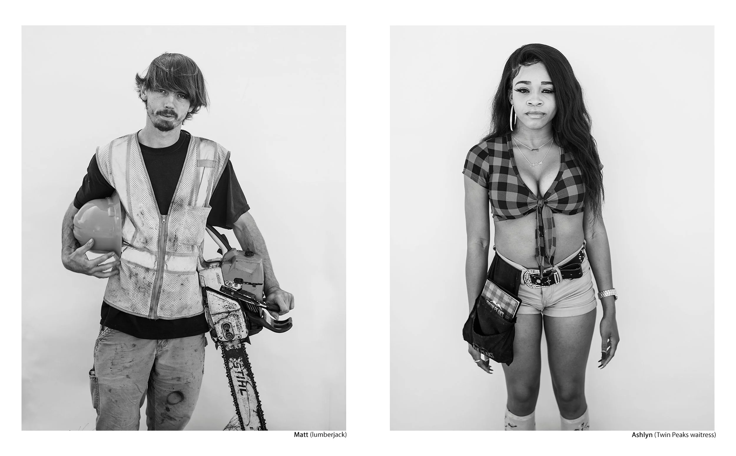 Side-by-side black and white portraits of Matt, a lumberjack holding a Stihl chainsaw and safety helmet, and Ashlyn, a Twin Peaks waitress, from the Connecting Hwy 80 project by Parker J Pfister.
