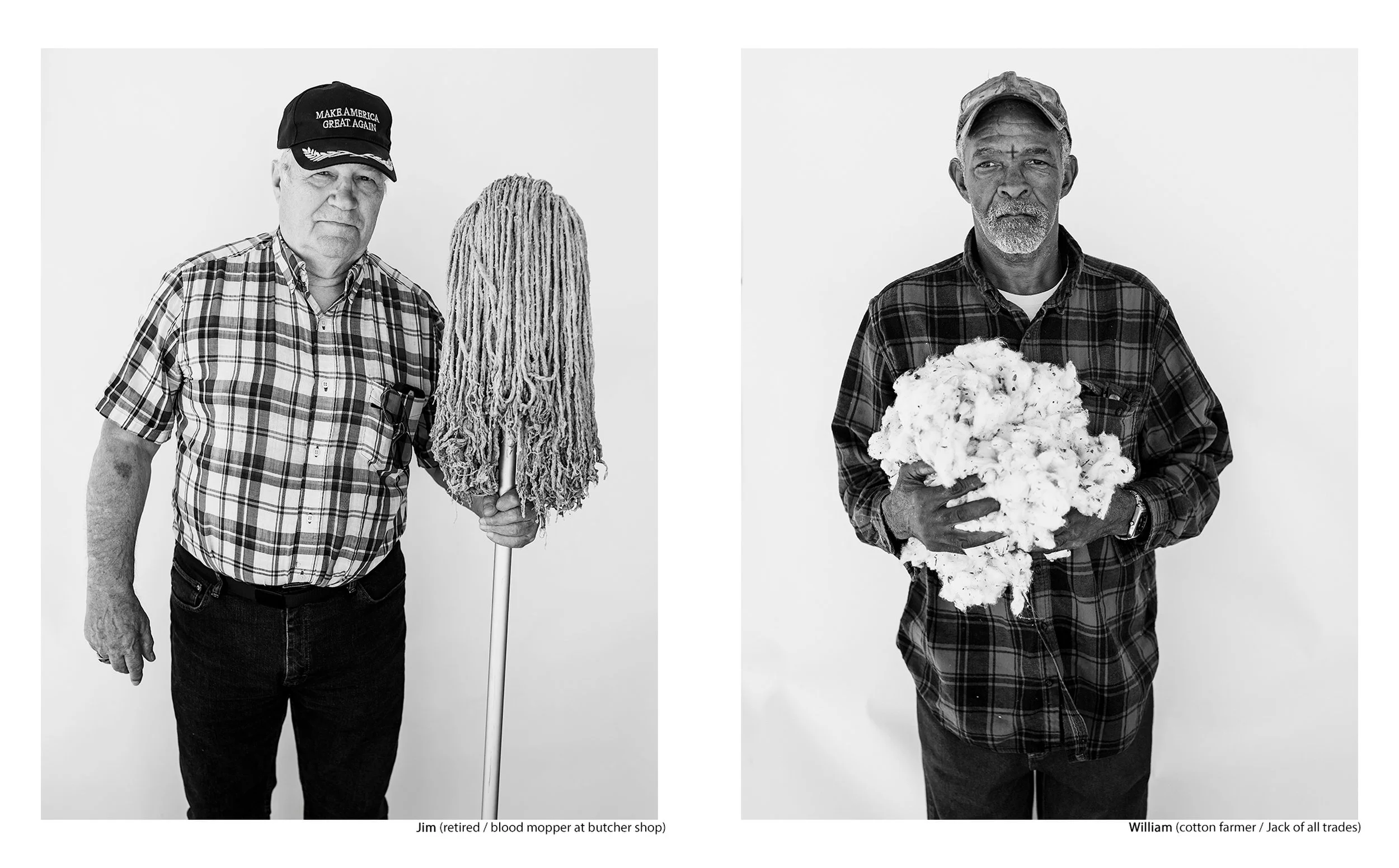 Side-by-side black and white portraits of Jim, a retired blood mopper at a butcher shop holding a large mop, and William, a cotton farmer holding raw cotton, from the Connecting Hwy 80 series by Parker J Pfister.