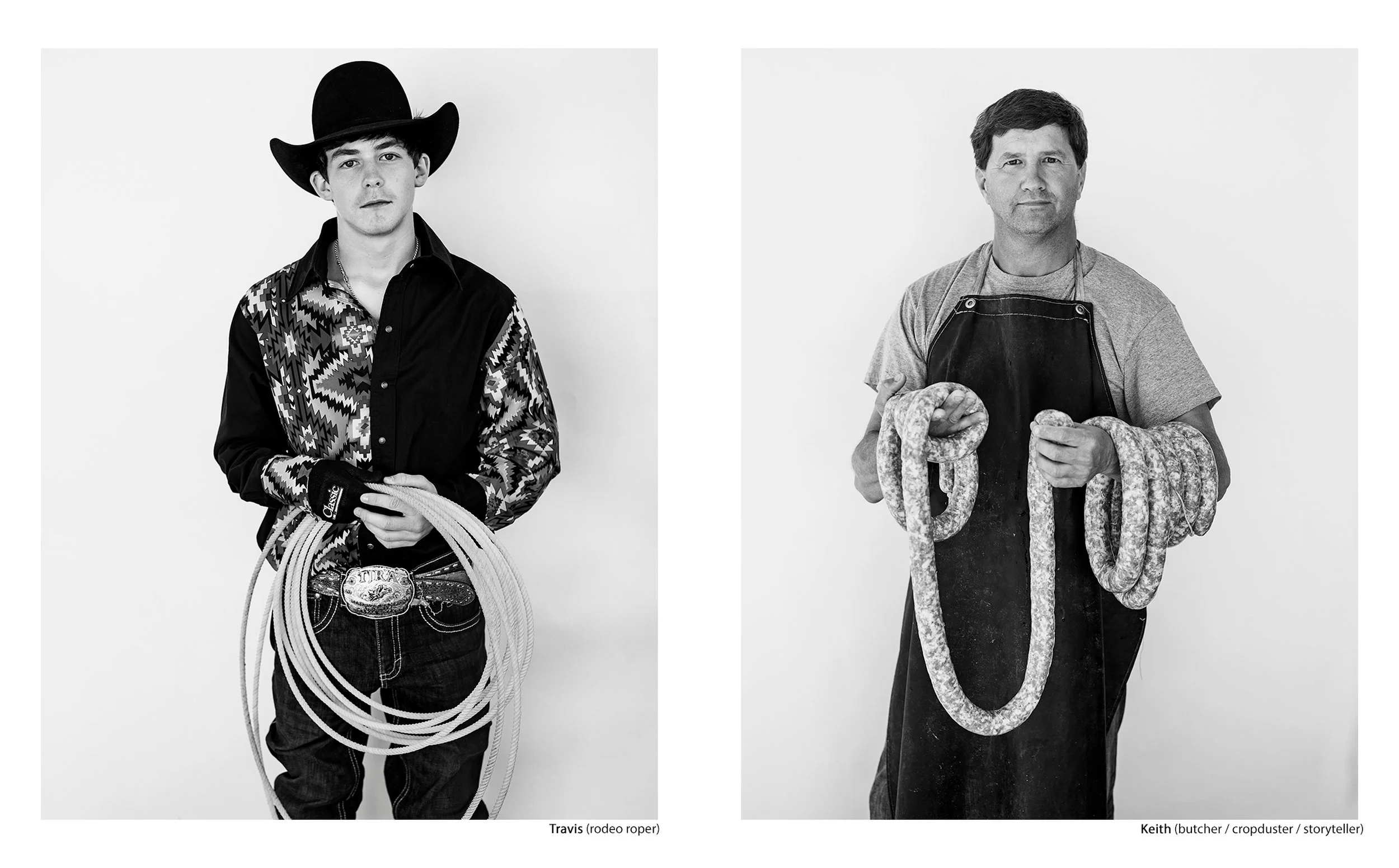Side-by-side black and white portraits of Travis, a cowboy and rodeo roper holding a lasso, and Keith, a butcher, cropduster, and storyteller holding linked sausages, from the Connecting Hwy 80 series by Parker J Pfister.