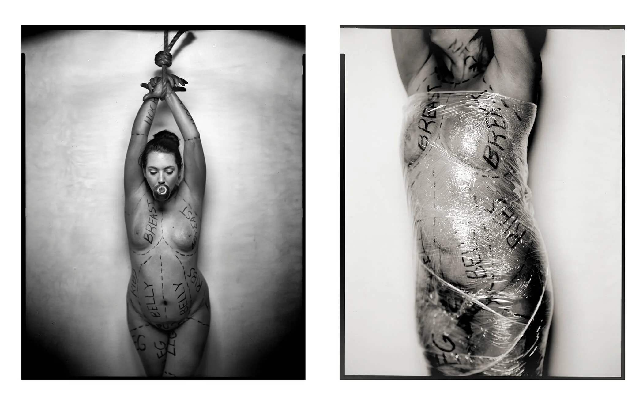 Parker J Pfister Fine Art Black and White Constraint Portrait of a nude woman labeled as a meat carcass with arms tied over her head.