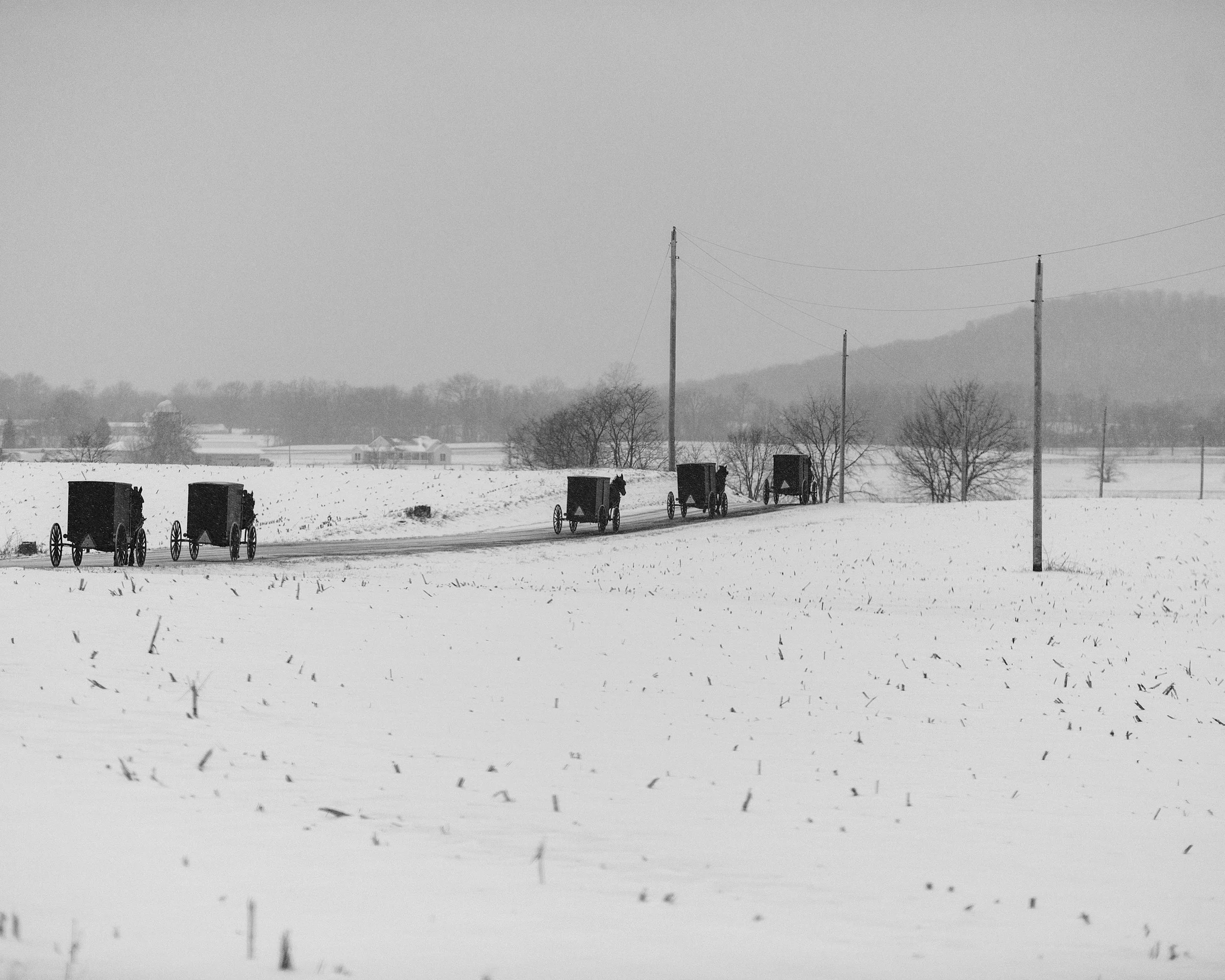 A serene black and white documentary photograph of a line of traditional Amish or Mennonite horse-drawn buggies traveling down a snowy rural road in Ohio, from One Way Out, Lord by Parker J Pfister.