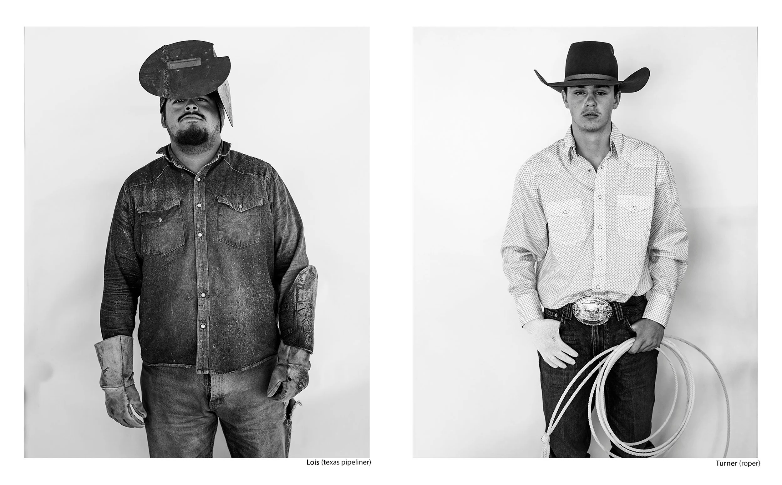 Side-by-side black and white portraits of Lois, a Texas pipeliner wearing his welding hood raised, and Turner, a young cowboy and rodeo roper holding a lasso, from the Connecting Hwy 80 series by Parker J Pfister.