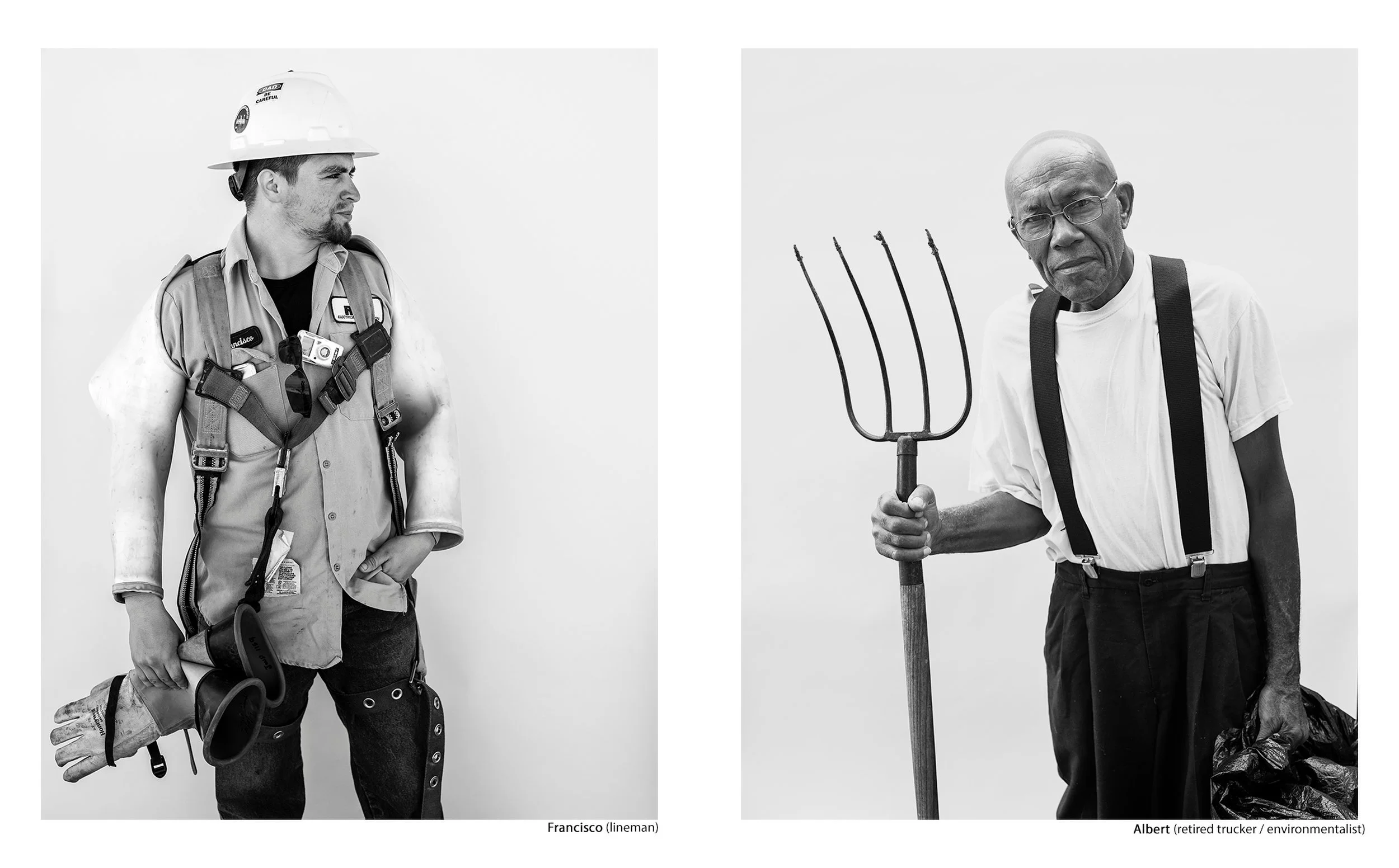Side-by-side black and white portraits of Francisco (a lineman in safety gear) and Albert (a retired trucker holding a pitchfork), from the Connecting Hwy 80 American documentary photography series by Parker J Pfister.