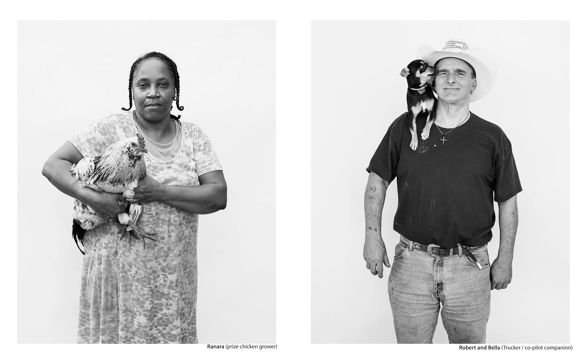 Side-by-side black and white portraits of Ranara, a prize chicken grower holding a rooster, and Robert, a trucker with his co-pilot dog Bella sitting on his shoulder, from the Connecting Hwy 80 project by Parker J Pfister.