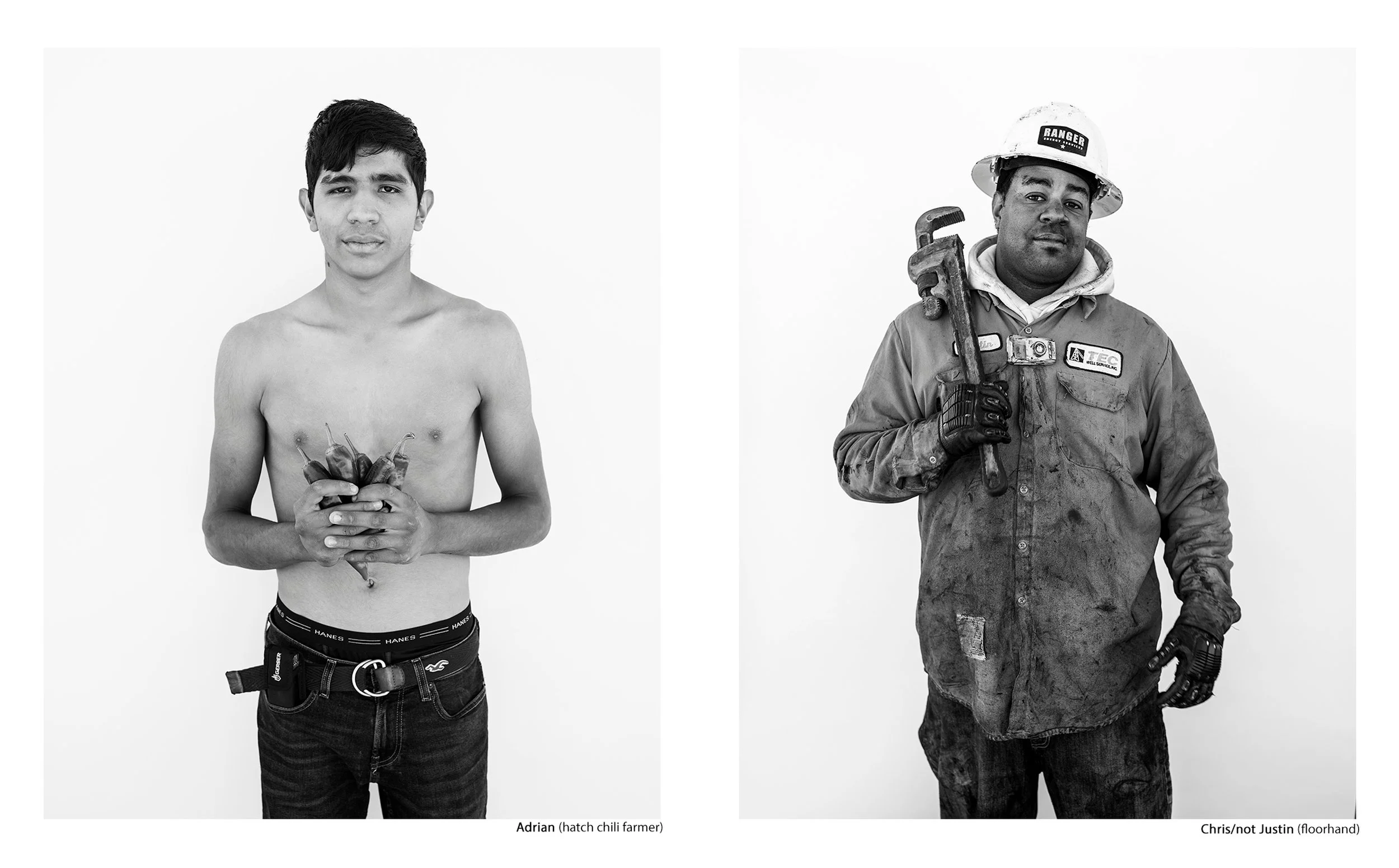 ide-by-side black and white portraits of Adrian, a hatch chili farmer holding a bundle of chilis, and Chris, a floorhand in rugged work gear holding a massive pipe wrench, from the Connecting Hwy 80 series by Parker J Pfister.