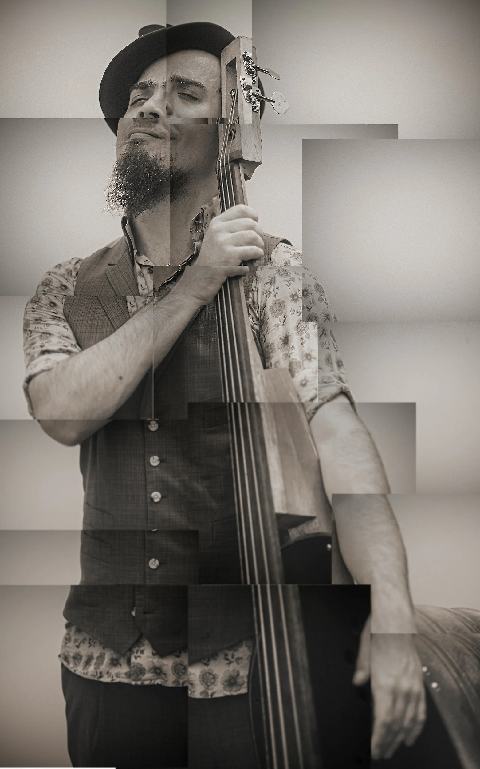 Tactile fine art portrait collage featuring the bassist and fiddle player of Three For Silver, layered from separate hand-torn prints, photographed by Parker J. Pfister.