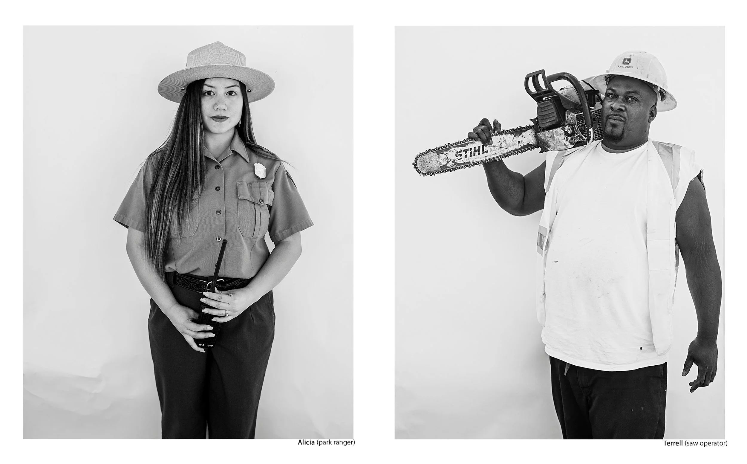 Side-by-side black and white portraits of Alicia, a park ranger in uniform, and Terrell, a saw operator holding a chainsaw over his shoulder, from the Connecting Hwy 80 project by Parker J Pfister.