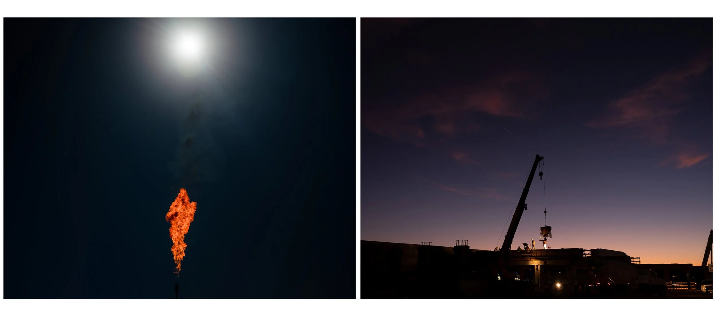 Side-by-side color documentary photographs of a vertical methane gas flare burning under a full moon and an industrial construction crane silhouetted against a twilight sky, from the Connecting Hwy 80 project by Parker J Pfister.