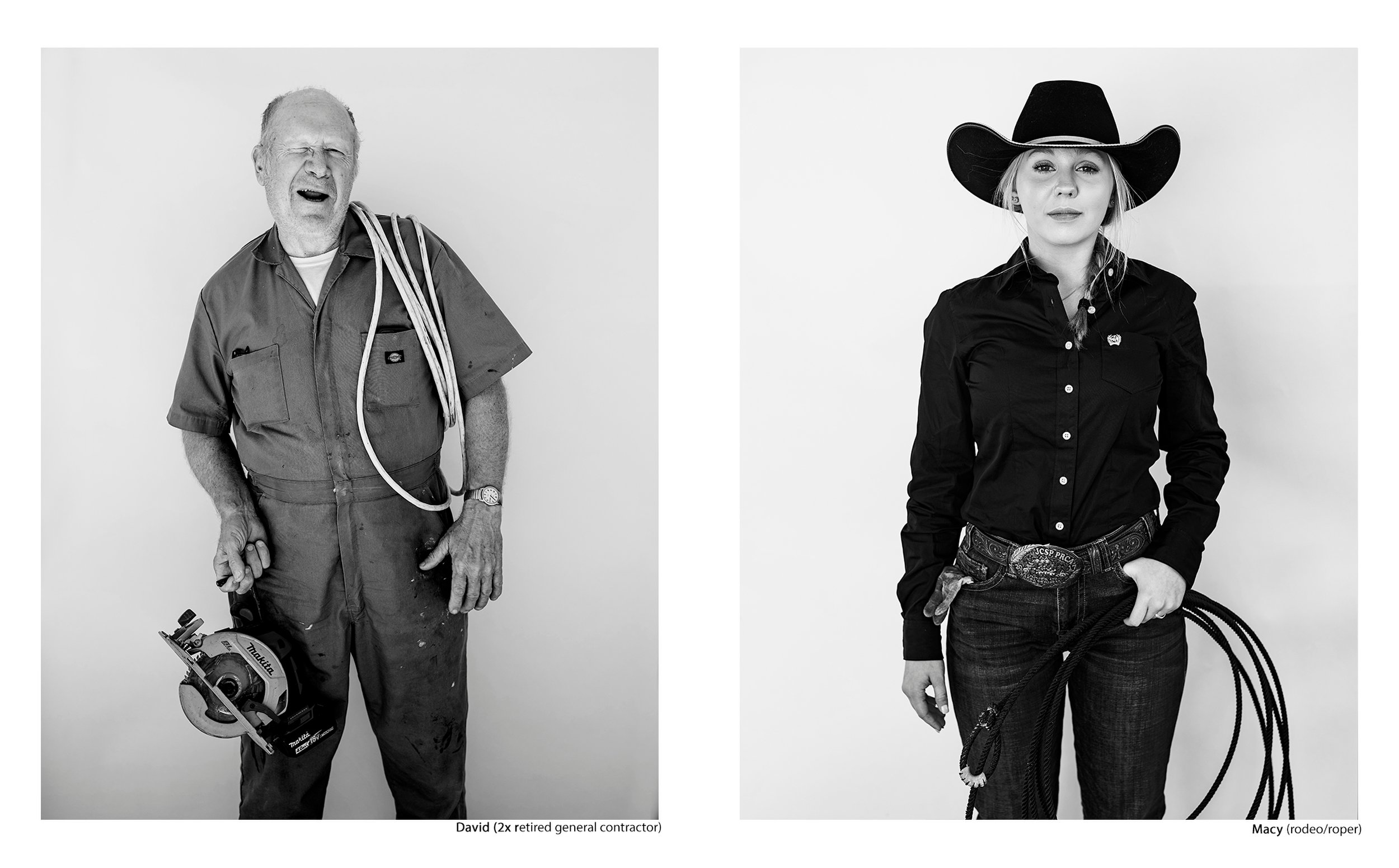 Side-by-side black and white portraits of David, a twice-retired general contractor holding a circular saw, and Macy, a rodeo roper in a cowboy hat holding a lasso, from the Connecting Hwy 80 project by Parker J Pfister.