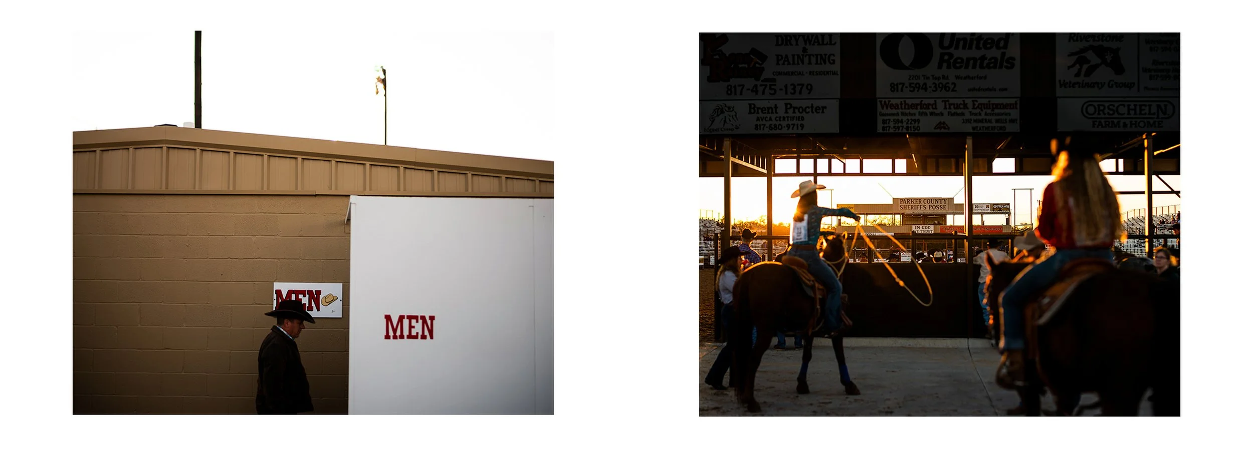 Side-by-side color documentary photographs of a man in a cowboy hat walking past a building marked with a MEN sign, and a golden-hour action shot of riders at a rodeo, from the Connecting Hwy 80 project by Parker J Pfister.