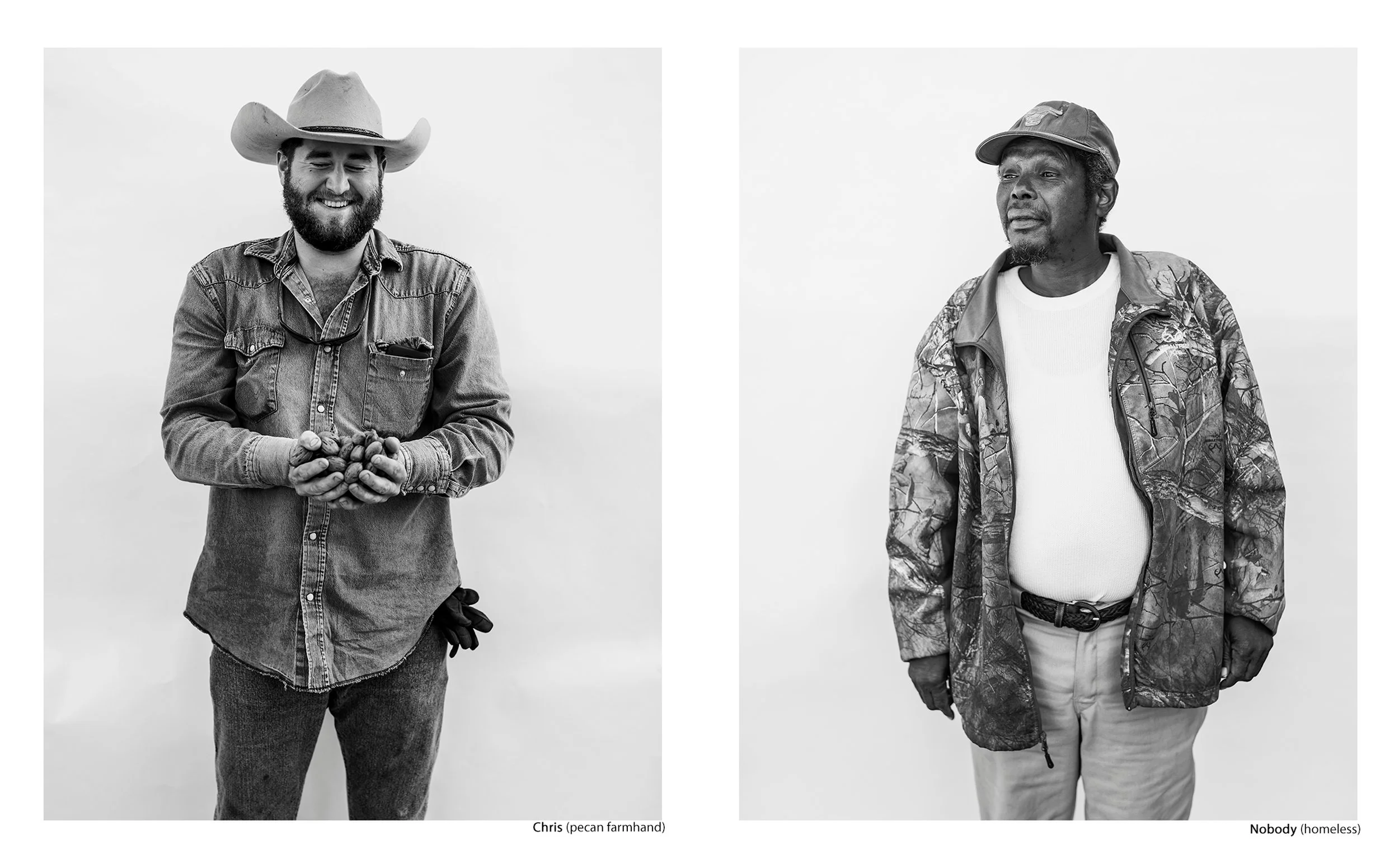 Side-by-side black and white portraits of Chris, a smiling pecan farmhand in a cowboy hat holding pecans, and Nobody, a homeless man in a camouflage jacket, from the Connecting Hwy 80 series by Parker J Pfister.