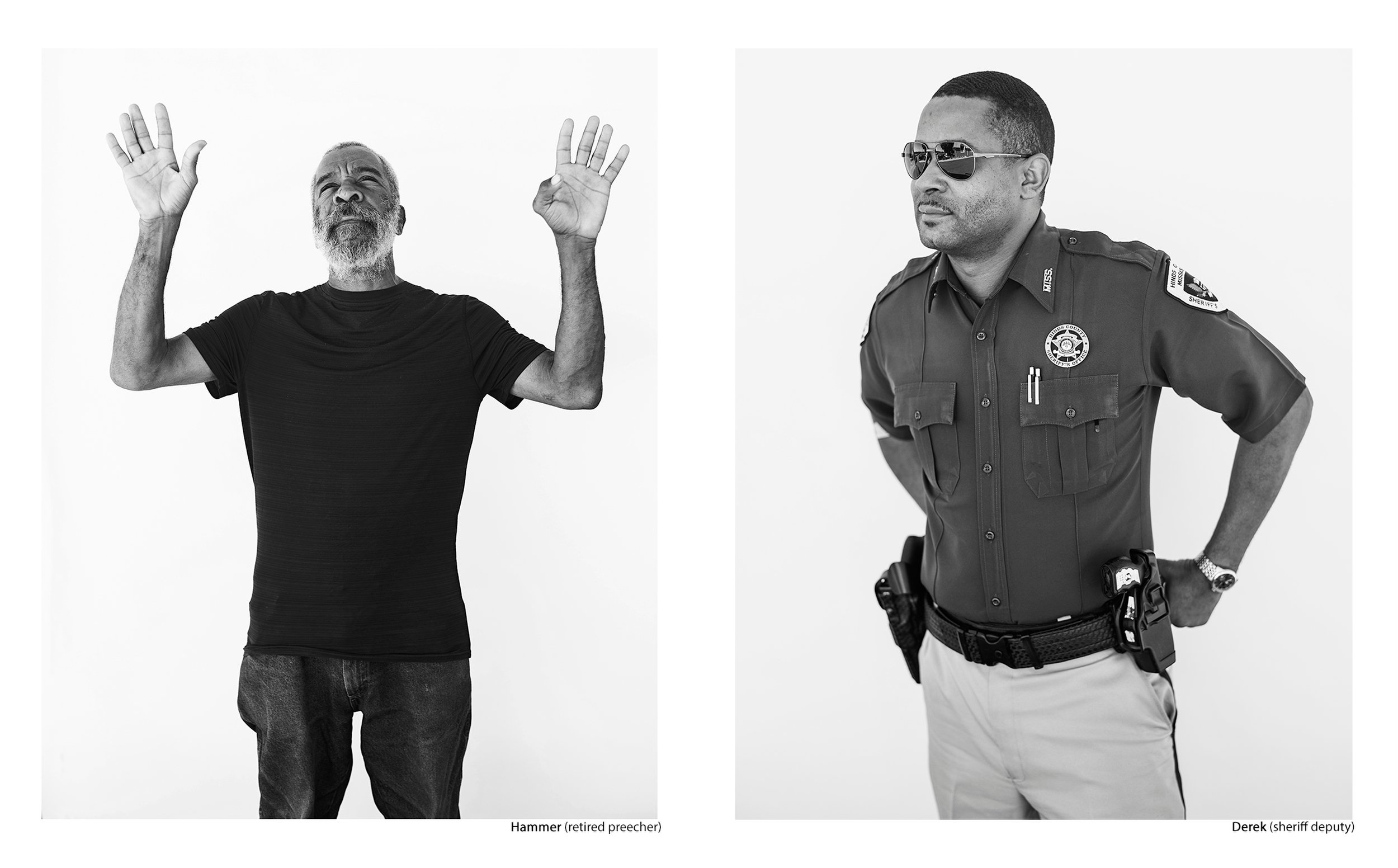 Side-by-side black and white portraits of an expressive man with his hands raised and a law enforcement officer in uniform wearing sunglasses, from the Connecting Hwy 80 project by Parker J Pfister.