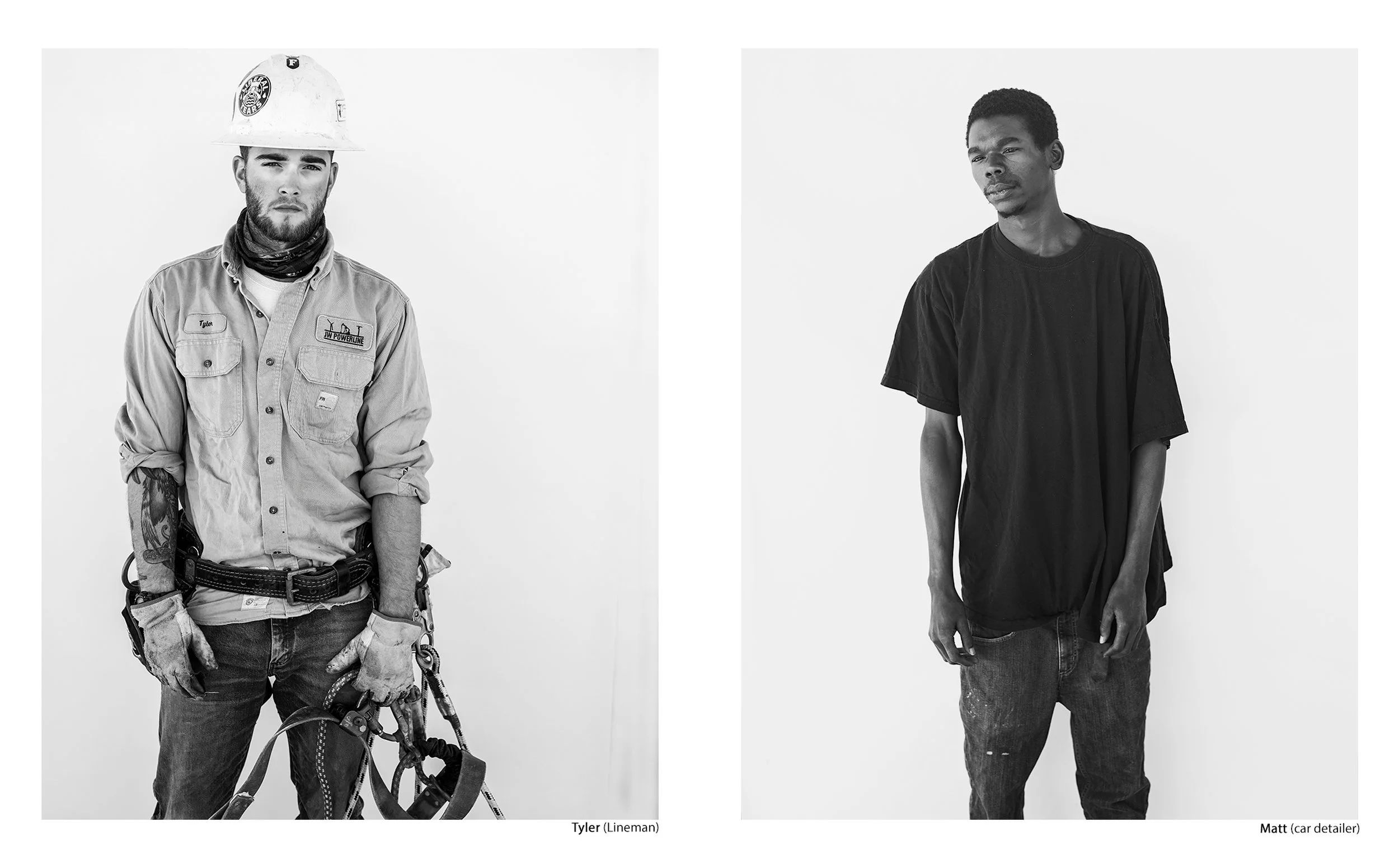 Side-by-side black and white portraits of Tyler, a young lineman in climbing gear and a hard hat, paired with a young man in a black t-shirt looking slightly away, from the Connecting Hwy 80 project by Parker J Pfister.