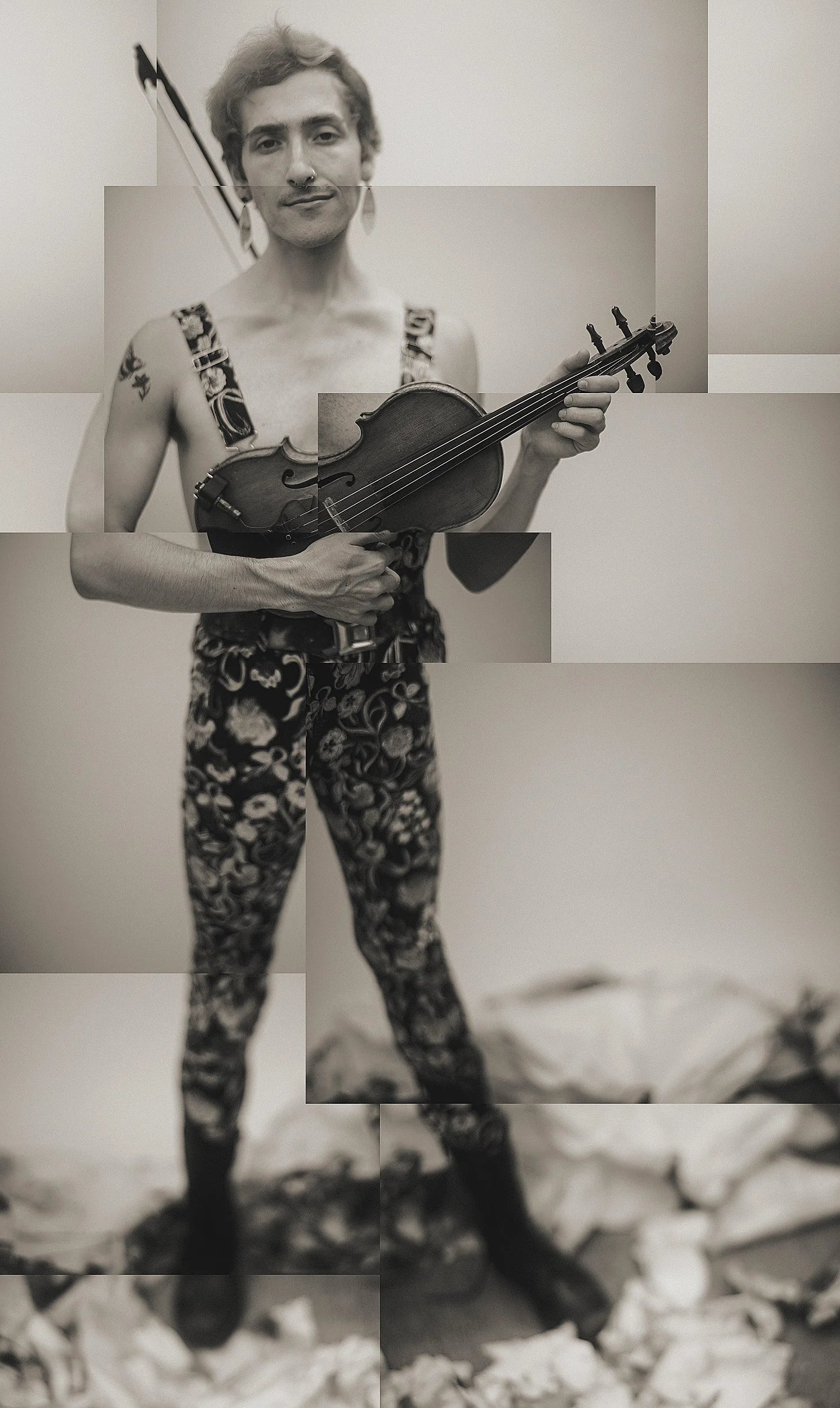 Fine art physical print collage of the bassist and fiddle player from the band Three For Silver, assembled from individual prints, photographed by Parker J. Pfister.