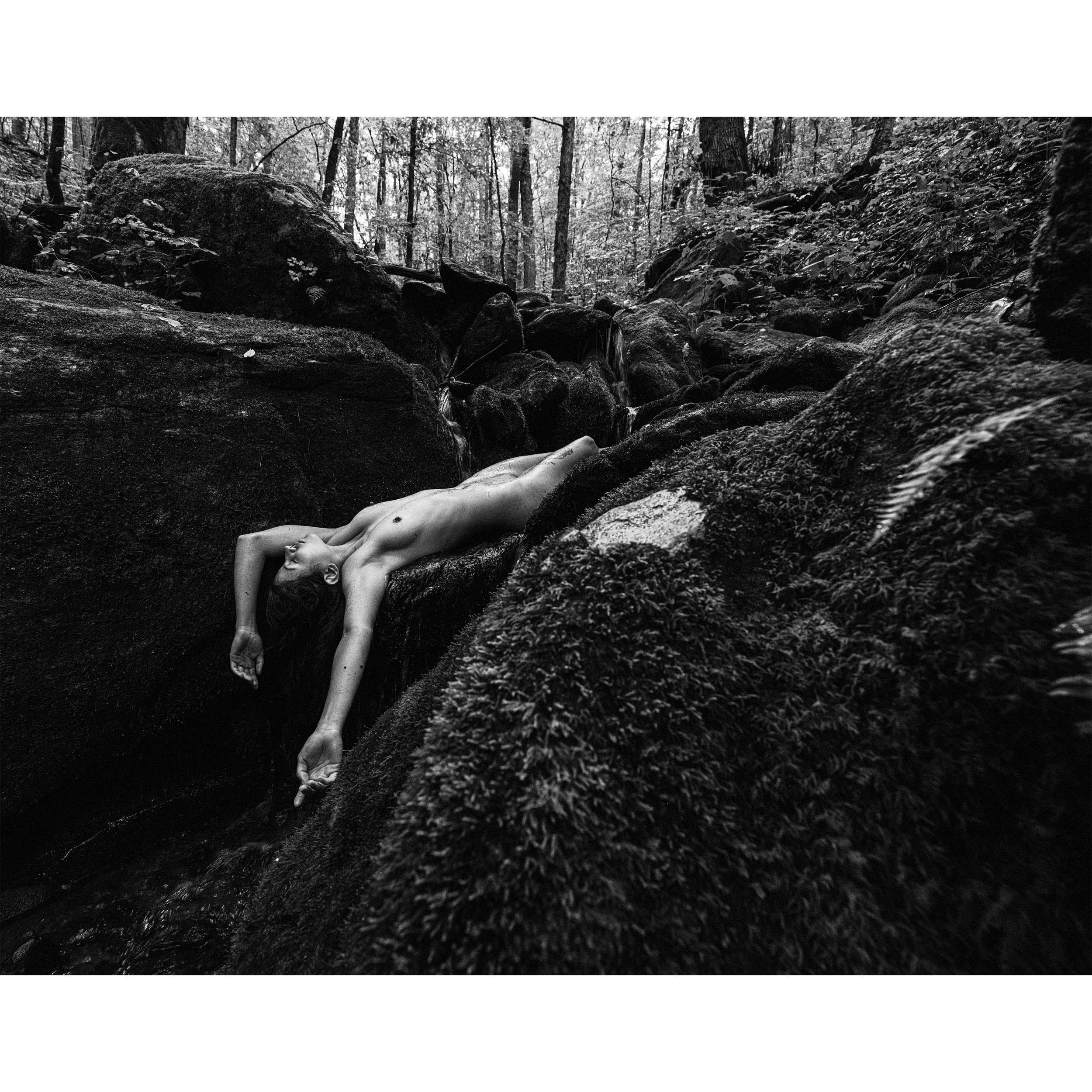 The image captures a powerful, evocative moment of a human form interacting with the natural elements of the landscape, symbolizing transformation and growth.