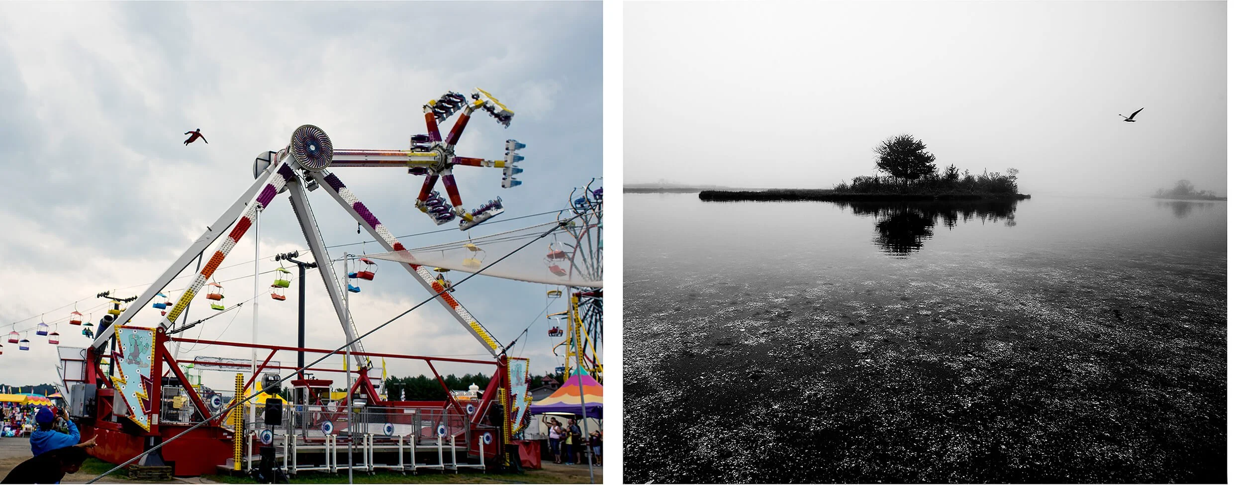 Parker J Pfister Fine Art Man & Land series with two images. One of a fairground ride in color and another black and white body of water with a small island with a tree. 
