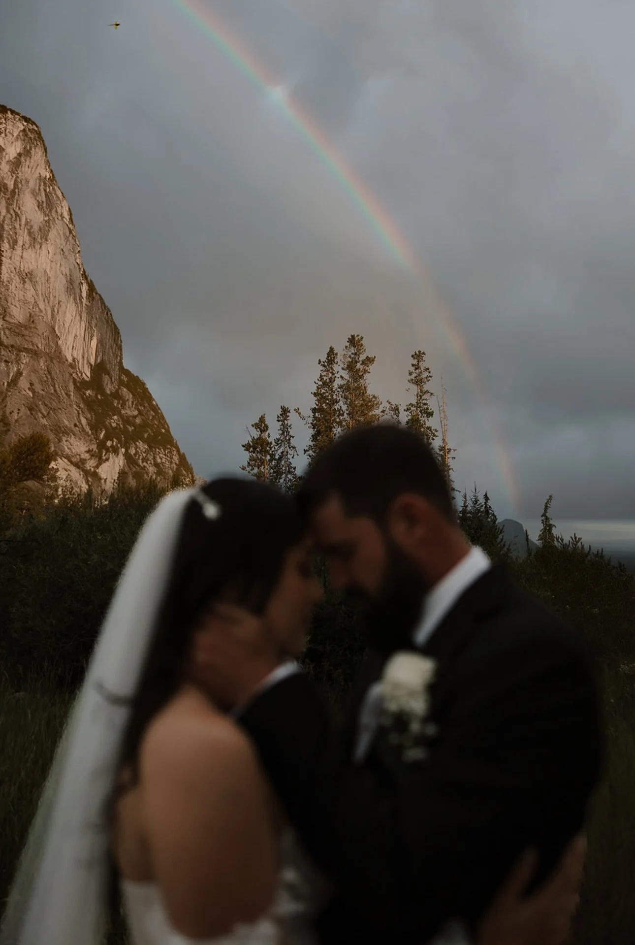A couple dressed in wedding attire holding each other closely with their foreheads touching, standing outdoors with a mountain, trees, and a rainbow in the background.