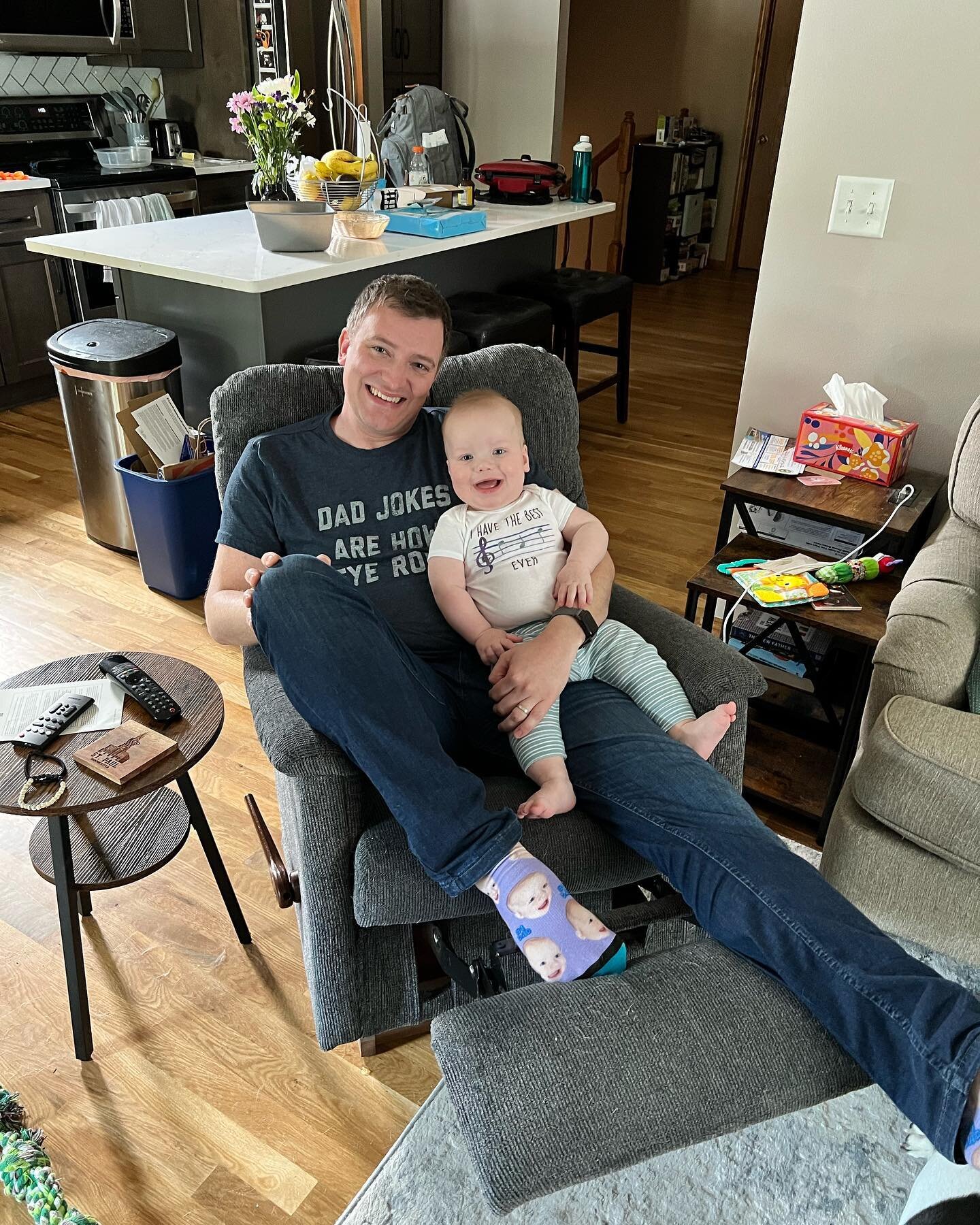 Best Father&rsquo;s Day gifts from my wife! 
Elliot&rsquo;s shirt says &ldquo;Best DAD 🎵Ever&rdquo;
My shirt says &ldquo;Dad jokes are how eye roll&rdquo; 
And she even got me custom socks with Elliot&rsquo;s face on them 😂
I have an amazing wife a