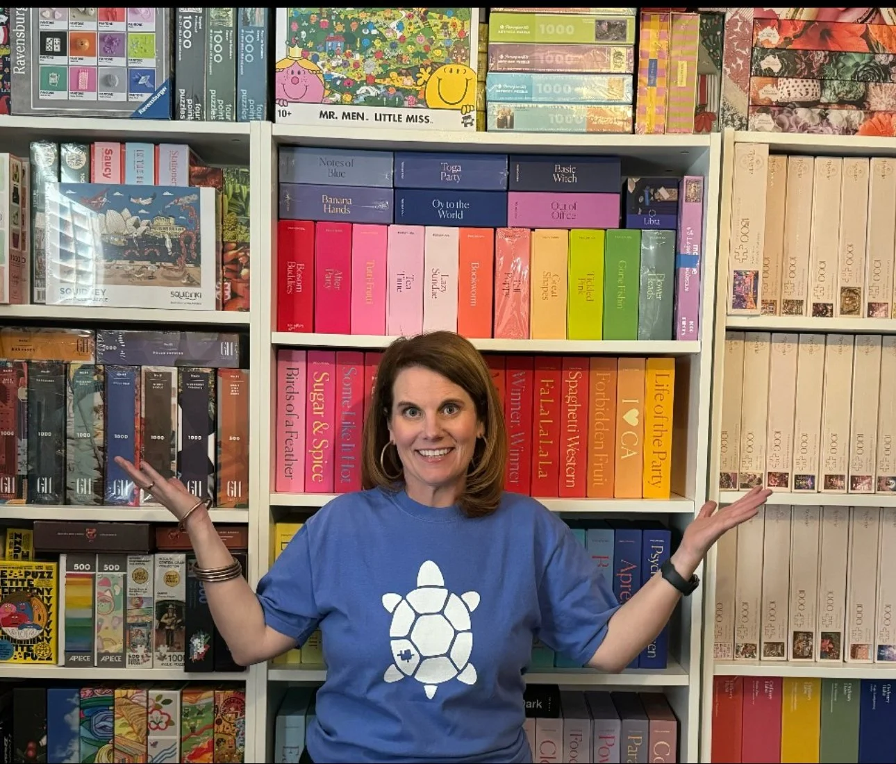 Turtle and her puzzle library.