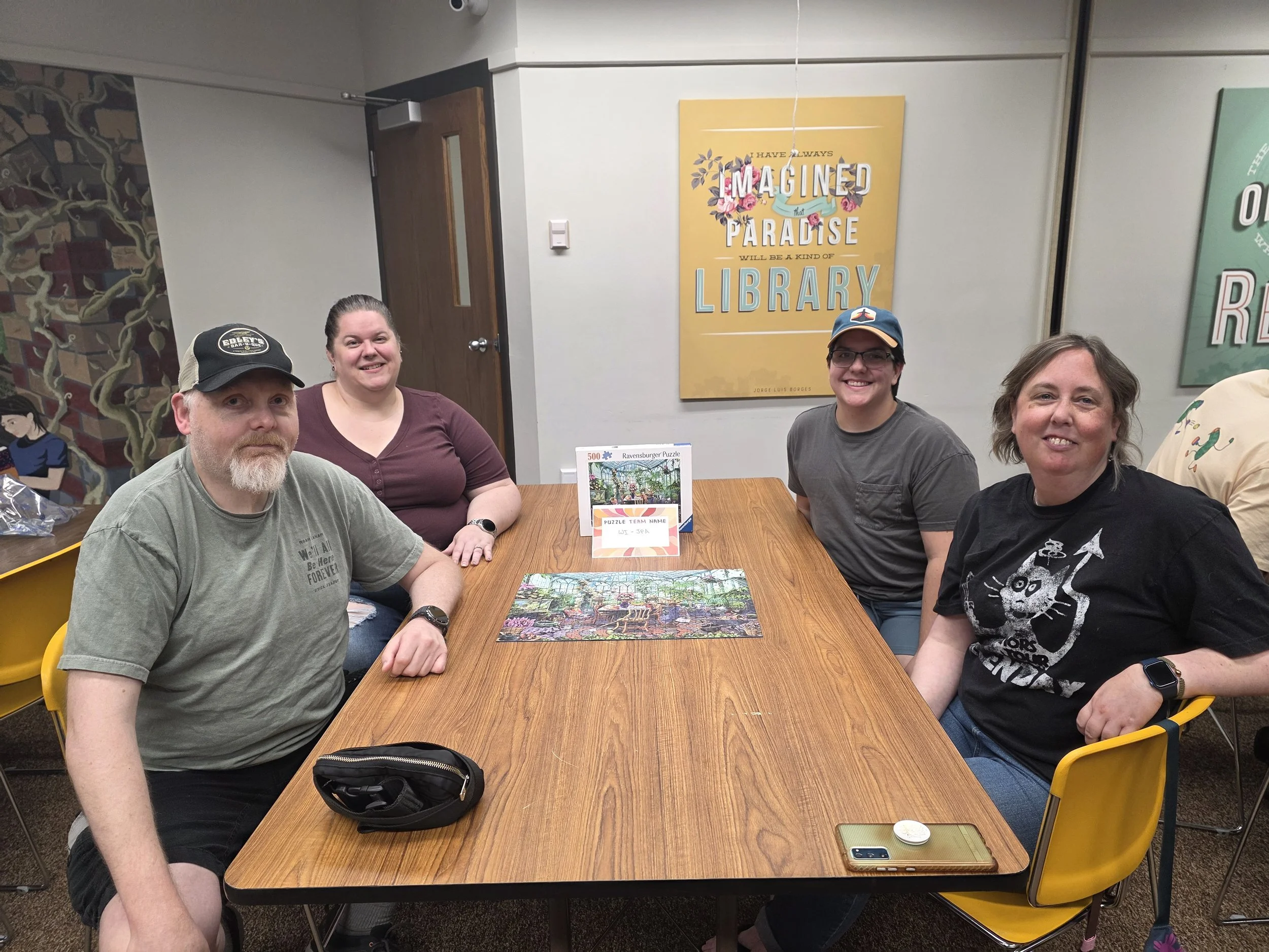 Dakota at a local library puzzle contest in Beaver Dam with Tim B., Megan B., and Joey O. Tim and Joey are fellow WI-JPA Board Members.