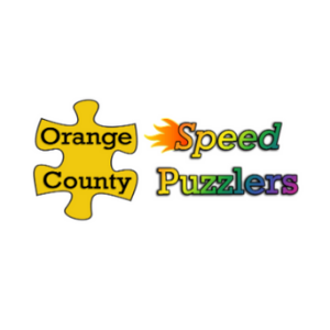 Logo for Orange County Speed Puzzlers featuring a yellow puzzle piece with oranged text, and the words 'Speed Puzzlers' in multicolored letters with a flame design.