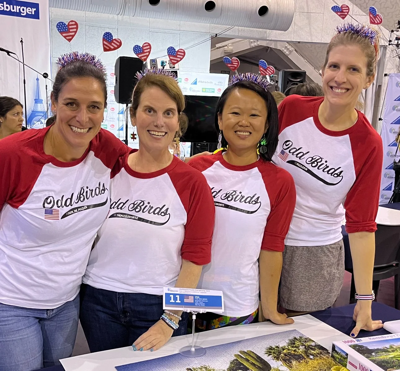 Odd Birds at the 2024 World Jigsaw Puzzle Championship: Faith T., Turtle, Min D., and Jamie A.