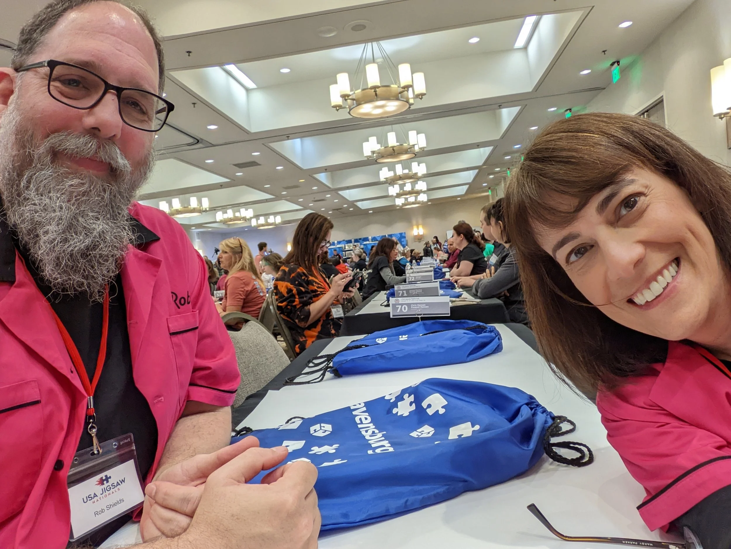 Rob and his pairs partner (and partner in life) Rachel in their very first competition (US Nationals, 2022). They chose bright pink shirts to make them easy to spot in the background of videos of the fast finishers.