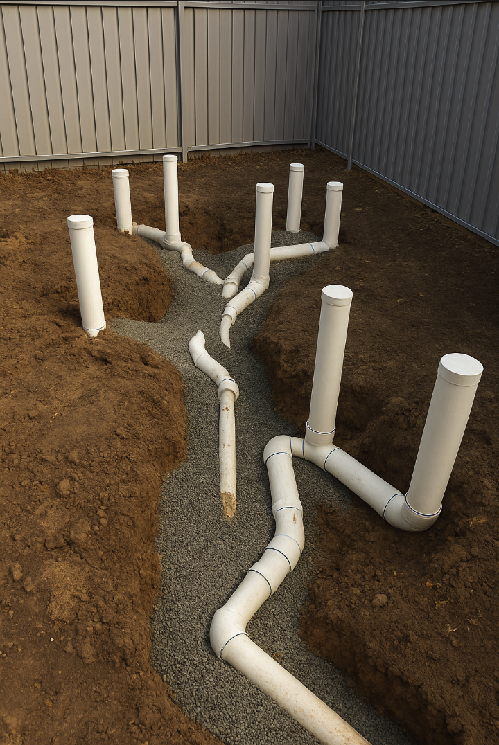 Underground plumbing pipes installed in a dug trench with surrounding soil and metal fencing.