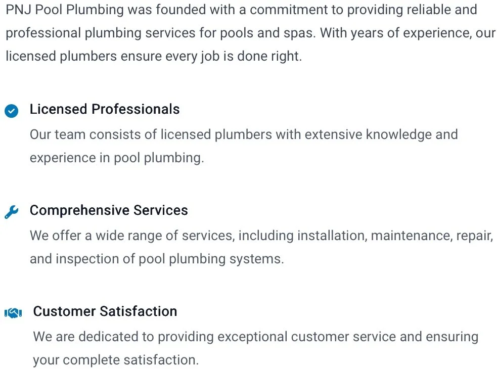 section about PNJ Pool Plumbing, mentioning their founding, licensed professionals, comprehensive services, and customer satisfaction.